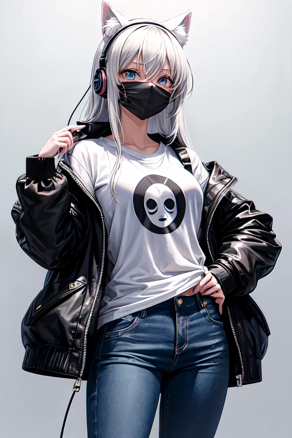 an anime girl is wearing a mask with black on her face wearing jeans and is standing on two black legs, 1girl, headphones, solo, animal ears, breasts, blue eyes, mask, jacket, looking at viewer, large breasts, long hair, open clothes, mouth mask, open jacket, shirt, pants, white hair, white shirt, cowboy shot((kiddie, JC,littlegirl,kodomo))