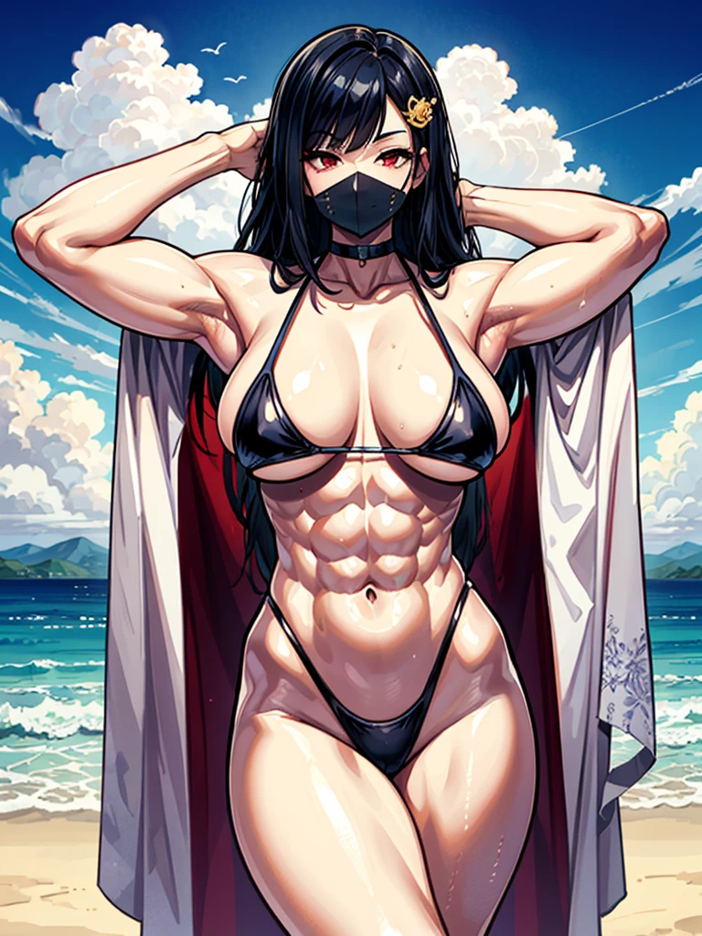 （（（masterpiece、Highest image quality、highest quality、highly detailed unity 8ｋwallpaper）））、（（Illustration of one girl））、（（（beautiful girl）））、（（black hair：1.3、straight hair、Very Longhair、golden hair ornament、red eyes））、（tall：1.3、stocky build：1.3, thickset physique, muscular legs, broad shoulders, solid chest）、swimsuit、sandy beach