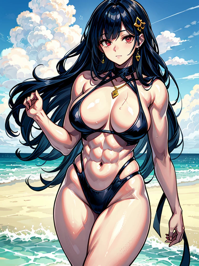 （（（masterpiece、Highest image quality、highest quality、highly detailed unity 8ｋwallpaper）））、（（Illustration of one girl））、（（（beautiful girl）））、（（black hair：1.3、straight hair、Very Longhair、golden hair ornament、red eyes））、（tall：1.3、stocky build：1.3, thickset physique, muscular legs, broad shoulders, solid chest）、swimsuit、sandy beach