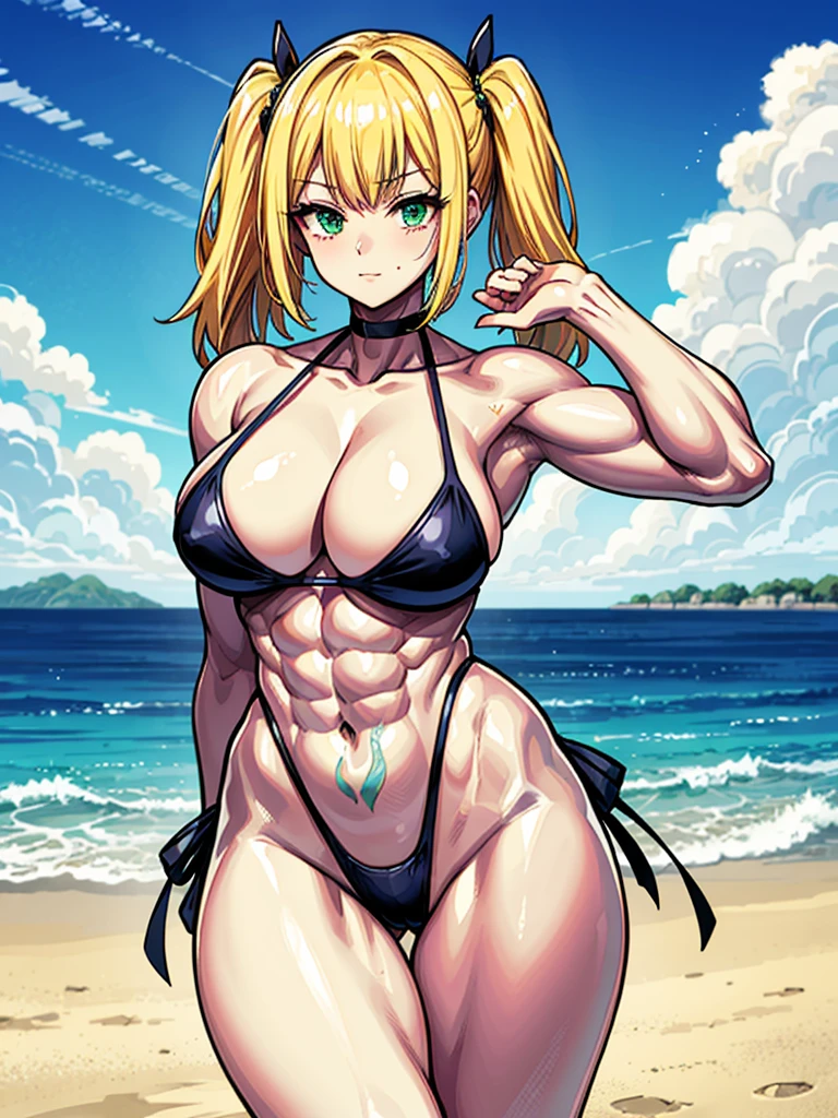 (((masterpiece、Highest image quality、highest quality、highly detailed unity 8kwallpaper)))、((Illustration of one girl))、(((beautiful girl)))、((blonde、pixie cut:1.2、two side up、sidelocks、green eyes))、(((tall、stocky build, thickset physique:1.3, muscular legs, broad shoulders, solid chest)))、swimsuit、sandy beach