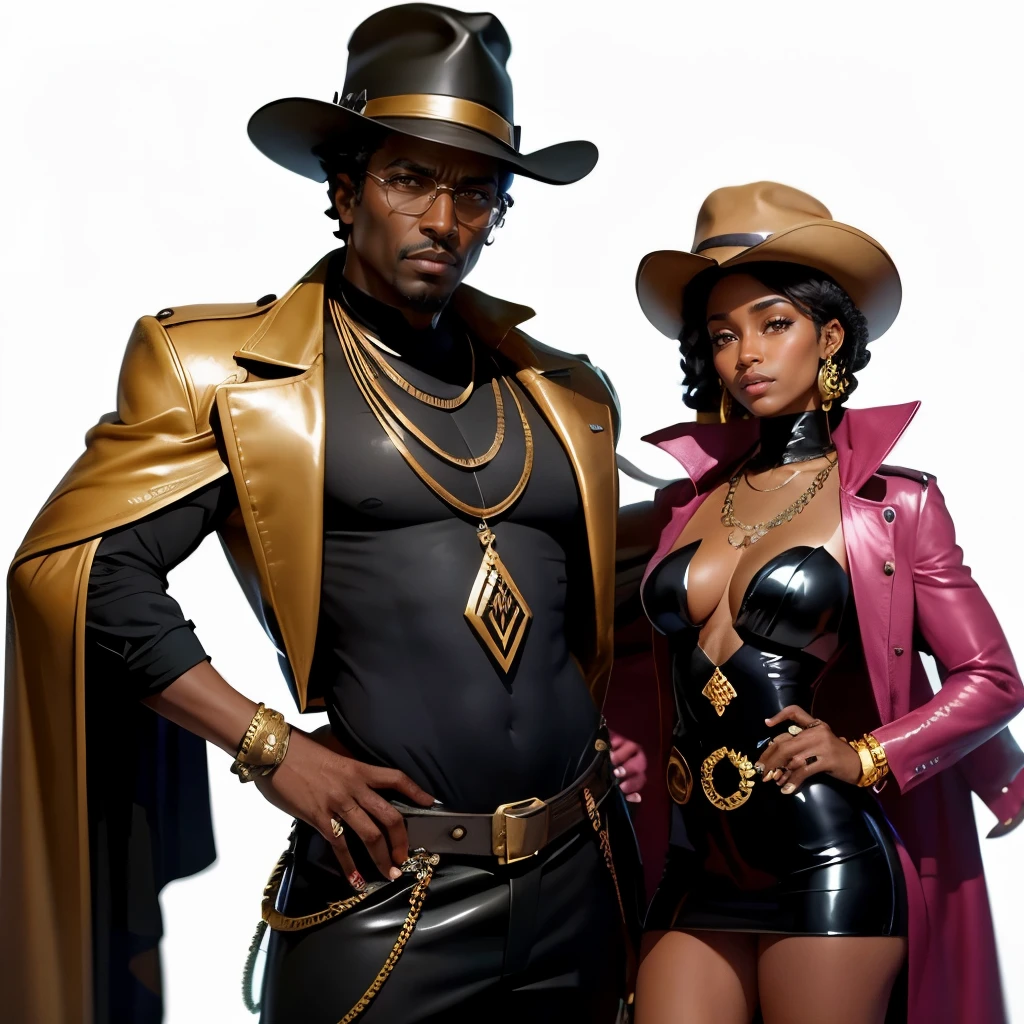 Ebony African inspector gadget, gold jewelry , horses in background, western background