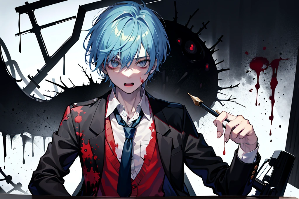 1 guy,zombie, One,(whole body:1.1),
school uniform,black hip-high shelf:1.2),
(Highest image quality),Colorful,(masterpiece:1.5),ultra high resolution,Best quality,extremely detailed wallpaper,(complex part),detailed light, light-blue hair, 