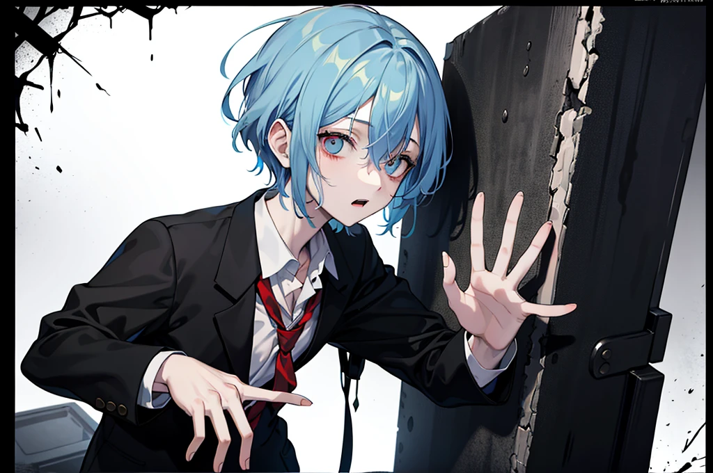 1 guy,zombie, One,(whole body:1.1),
school uniform,black hip-high shelf:1.2),
(Highest image quality),Colorful,(masterpiece:1.5),ultra high resolution,Best quality,extremely detailed wallpaper,(complex part),detailed light, light-blue hair, 