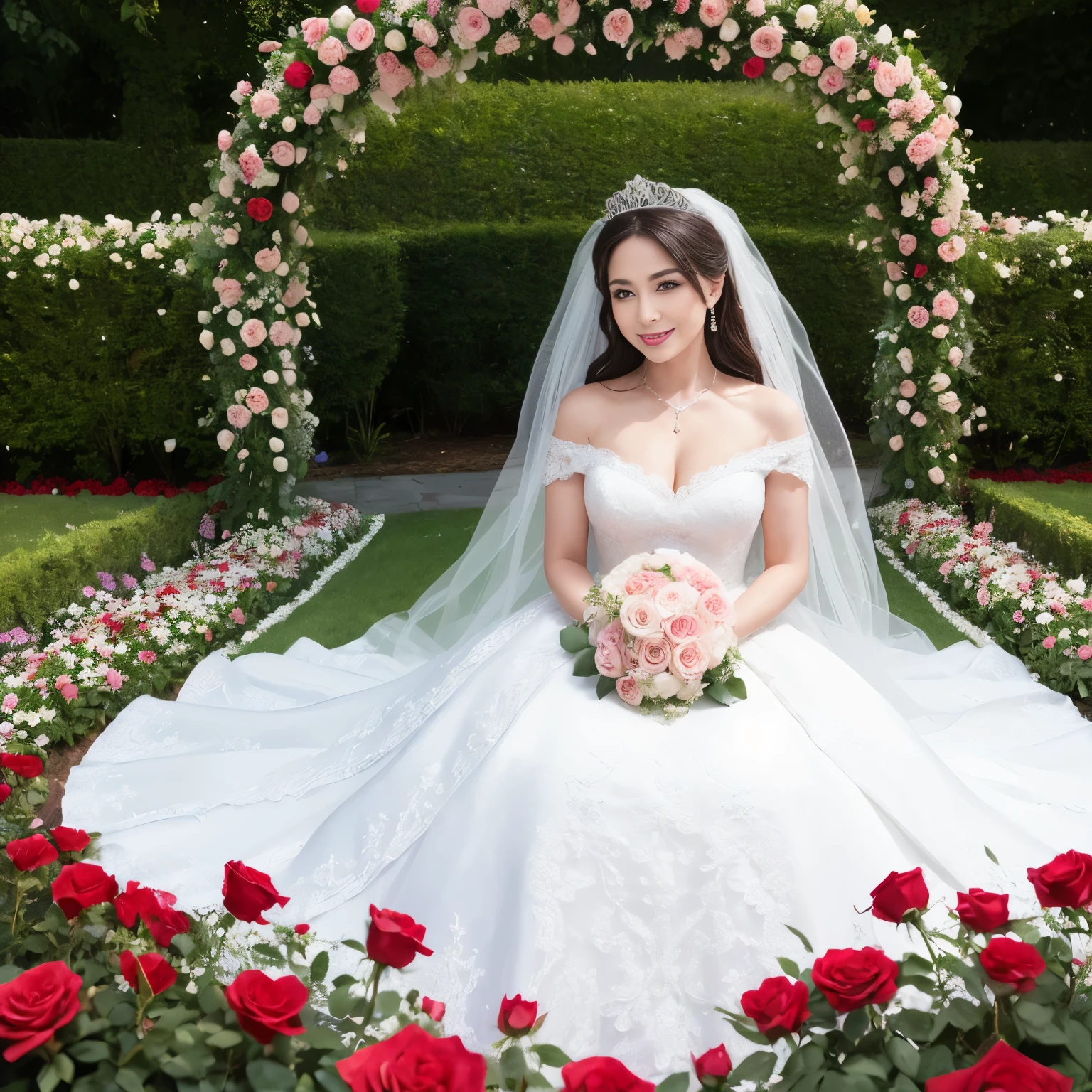 ((highest quality、muste piece、8K、Highest image quality、hyper realism))、(1 Most Beautiful Mature Actress Bride 45 Years Old:1.1)、(the finest giant wedding dress:1.1)、(wedding lace:1.1)、(Top quality giant tiara:1.1)、(Wrinkled face:1.1)、(wrinkles around the eyes:1.1)、(nasolabial folds:1.1)、Upper body photo of mature bride、(A wedding surrounded by lots of roses:1.2)、(A gorgeous arch made of lots of roses:1.2)、(Bride surrounded by lots of roses:1.1)、(red, white and pink roses:1.1)、(The most gorgeous castle flower garden:1.4)、(Huge beautiful european castle flower garden:1.4)、perfect makeup、dark lipstick、very bright and vivid、the biggest smile when you look at me、(perfect anatomy:1.1)