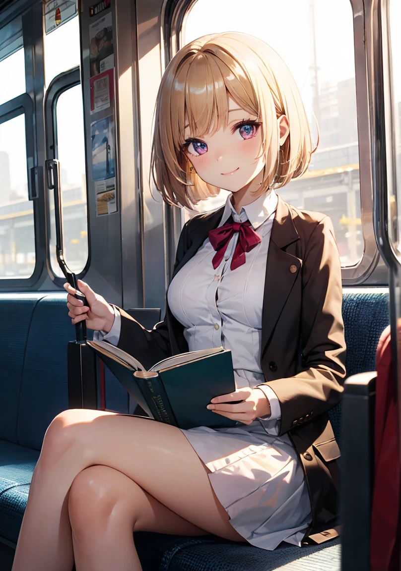 masterpiece, absurdres, best quality, ultra detailed, high Resolution, detailed illustration, extremely beautiful detailed face and eyes, bright colour, 1girl, (), cute face, Delicate beautiful face, magenta eyes, cute eyes, sparkling eyes, big eyes, medium breasts, (perky breasts:1.1), (pointy breasts:1.1), medium hips, glamorous body, white skin, Smile, BREAK, long bob cut, (blonde hair:0.8), messy hair, detailed hair, shiny hair, BREAK winter coat, tiny ribbon, reading book, looking book, at train, real world, natural lights, perfect lighting,