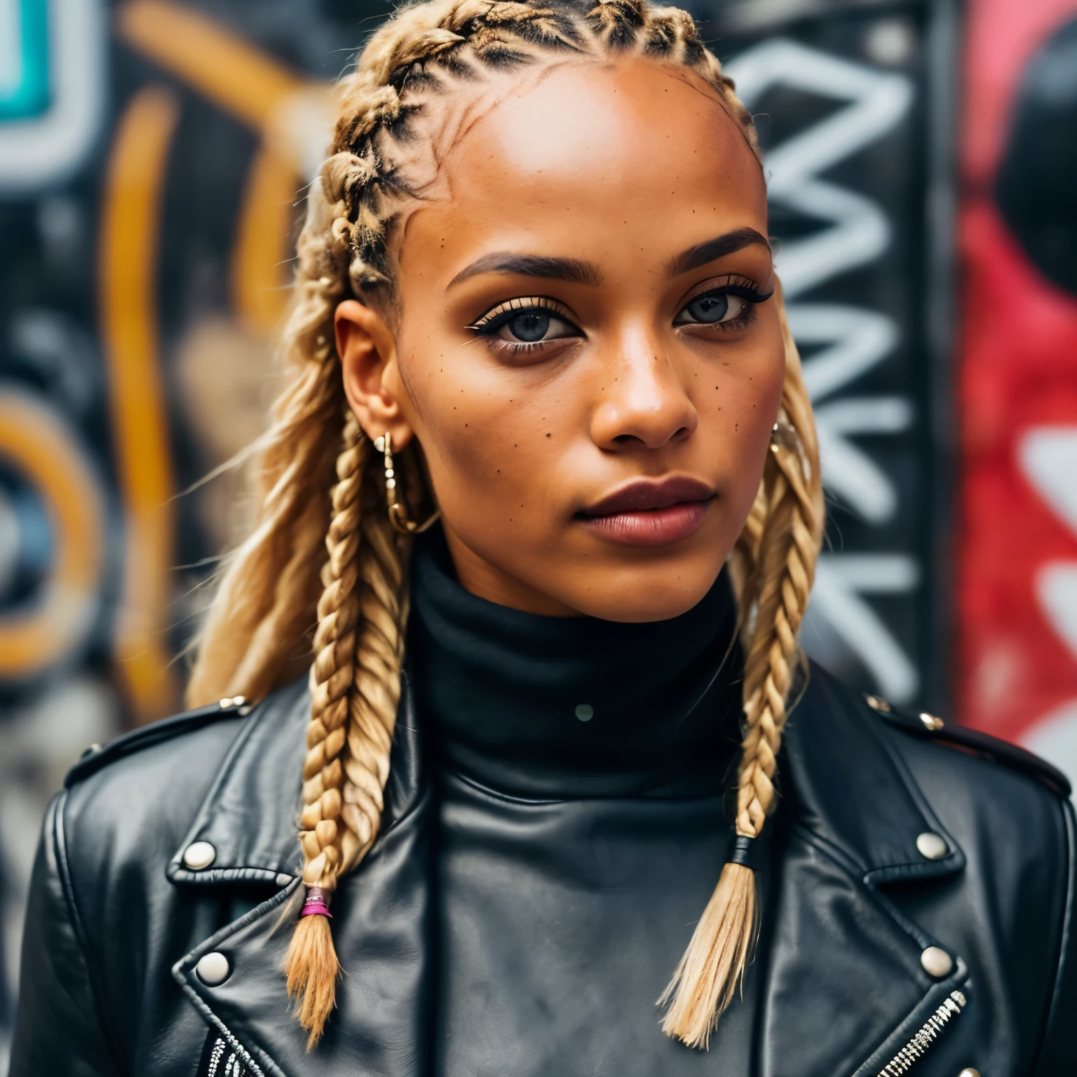 (street style snap, close angle: 1.2), (headshot: 1.2), RAW UHD portrait photo of a 28-year-old African (blue-eyed African woman mixed brazillian), blonde braids, large breasts, (edgy leather jacket), amidst London's graffiti-covered walls, (turtleneck), spotlighting (street art! , hair! , bold palette, style!! (disadvantages: 1.1), glossy eyes with high detail (looking at the camera),Urban street lights, DSLR camera, moody tones, fine details, subtle grain (off-center), Canon EOS R5, eclectic framing, intense gaze, sharp focus, gritty bokeh (urban vibe), night, ultra-quality, sharpness, depth of field, film grain (center),detailed skin pores, oily skin, sunburn, complex eye details, large breasts