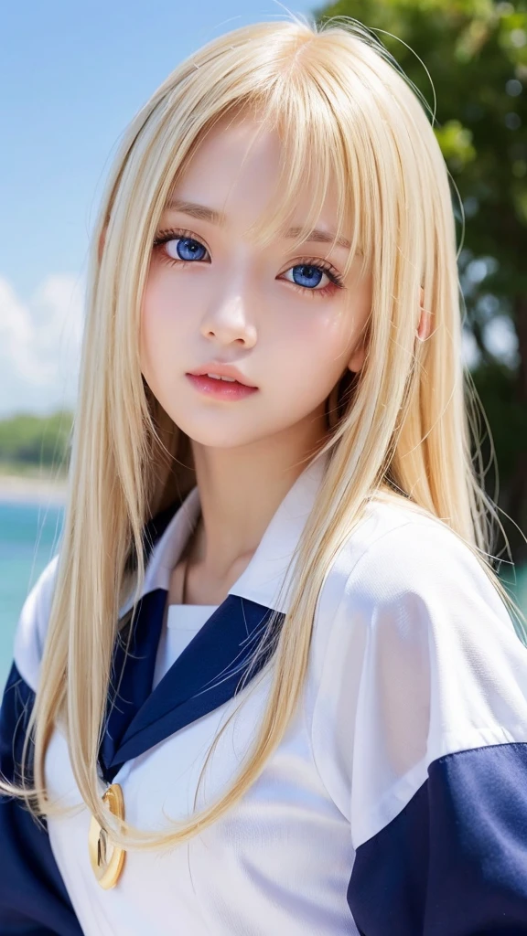 perfect beautiful face、beautiful cute age girl、school uniform、sailor suit、Sexy and very beautiful cute face、beautiful cute sexy sky blue eyes、very super long beautiful shiny silky straight blonde hair、super long beautiful bangs、white skin、Shiny skin、gross face、cheek gloss highlight、blonde hair above the eyes、片blonde hair above the eyes、blonde between the eyes、とても真っ白な輝く明るいShiny skin、very big eyes