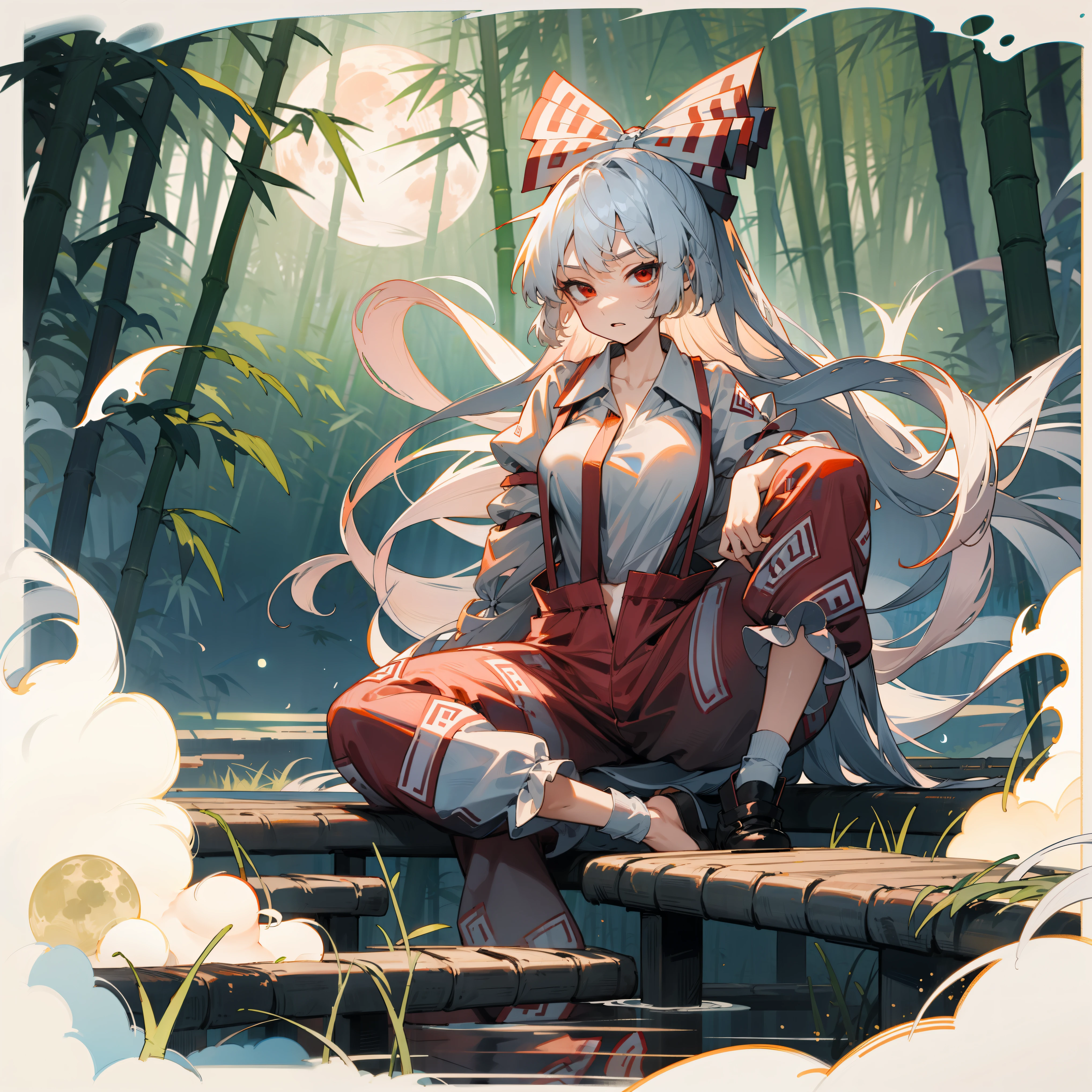 Fujiwara no Mokou(from Touhou) in bamboo forest. She has big tits. She has white hair, red eyes. She's wearing a white shirt, sit, night, moon, hair ribbons, stay