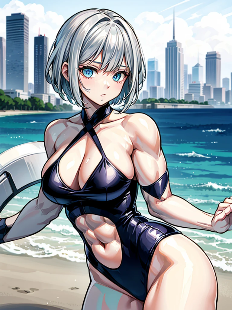 （（（masterpiece、Highest image quality、highest quality、highly detailed unity 8ｋwallpaper）））、（（Illustration of one girl））、（（（beautiful girl）））、（（white hair、short hair、crew cut：1.2、light blue eyes））、（（（stocky build, thickset physique, muscular legs, broad shoulders, solid chest：1.3）））、swimsuit、sandy beach