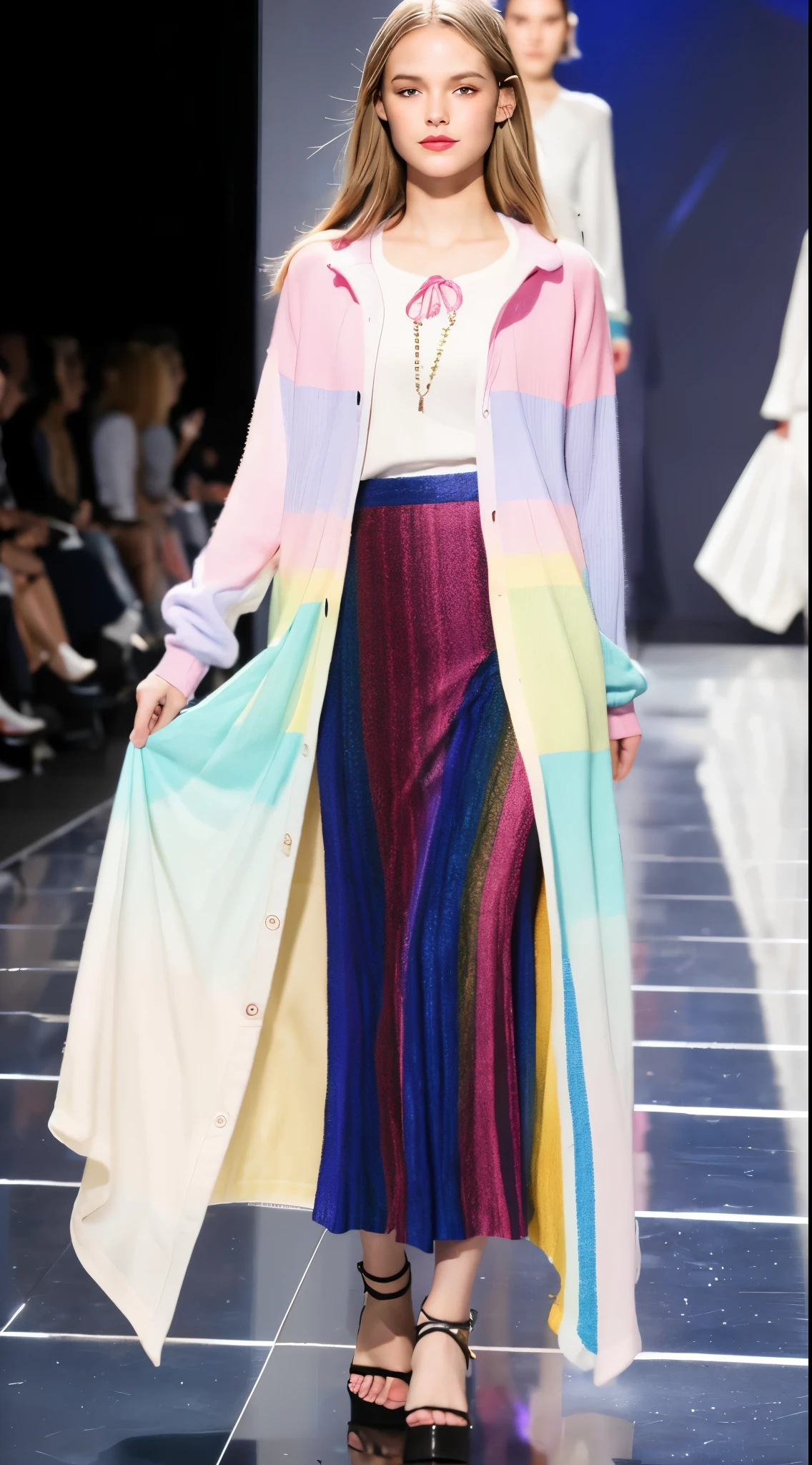 casual rainbow-colored clothing, long-sleeves, pastel-colored long skirt