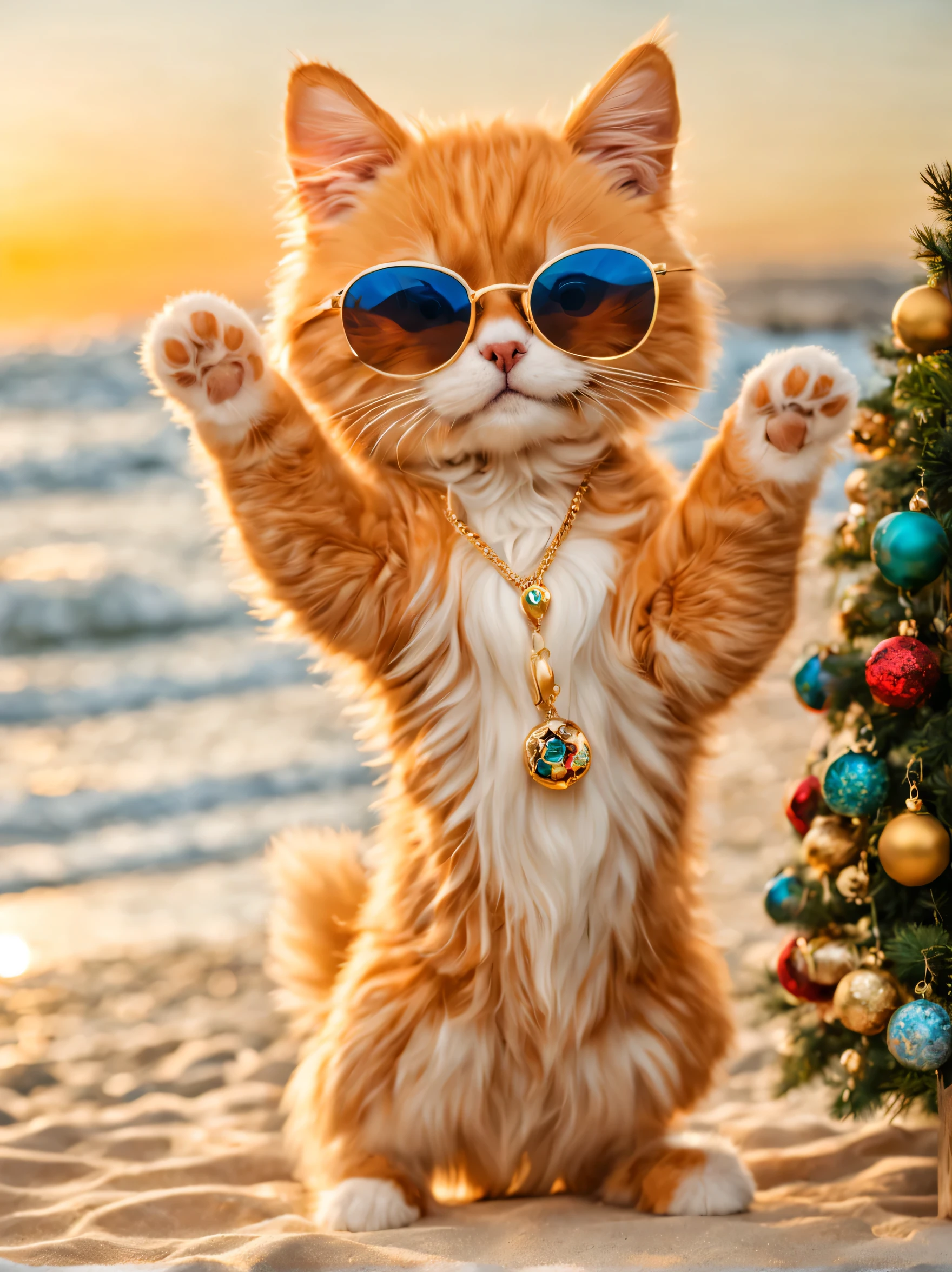 cute minuet, raise one hand, feet, Midsummer Christmas, Get a tan on the Gold Coast, sunglasses, saltwater pants, gold flat necklace, (masterpiece), (highest quality), (Ultra high detail)