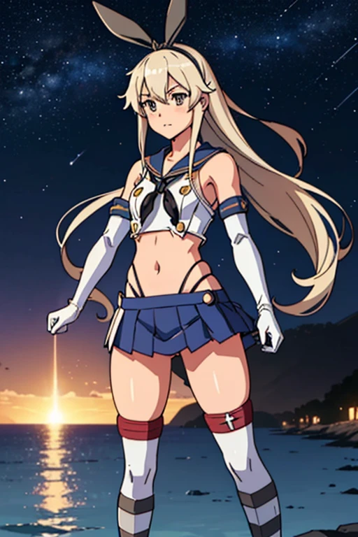 hyper detailed, perfect anatomy, extremely detailed and delicate, 1 girl, Shimakaze (KanColle), bright eyes, clean skin, white sailor uniform, bear shoulders, white elbow gloves, blonde hair, long hair, striped thighhighs, sailor collar, navel out, highleg panties, black panties, blue skirt, microskirt, pleated skirt, night sky, stars, milkyway, hugging a black cat,