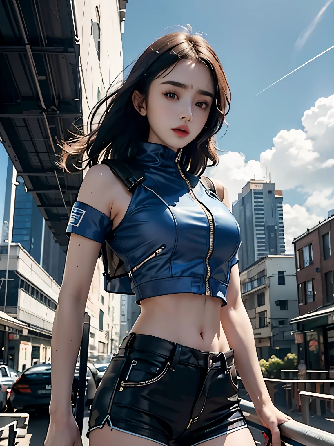 Lily Collins,Tall figure,skin,Upper body shorts,Medium shorts,buttons,zipper,Complex workmanship,icon,company logo,Emit blue light,background with,future technology,cyberpunk city,,big gear,wind,Blue sky and white clouds,