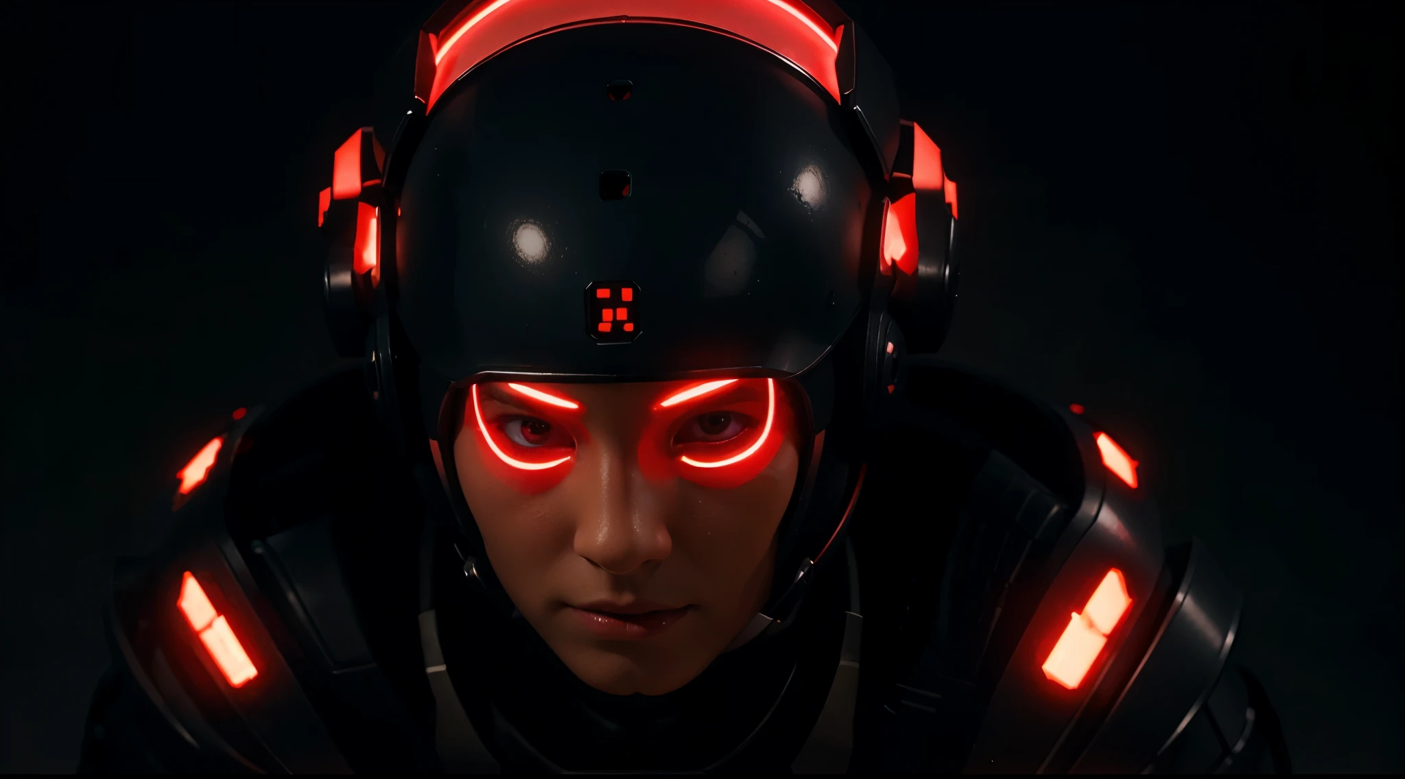 Creature in a closed helmet, artificial intelligence circuitry, defense system, trivogo, red circuitry, black background, darkness