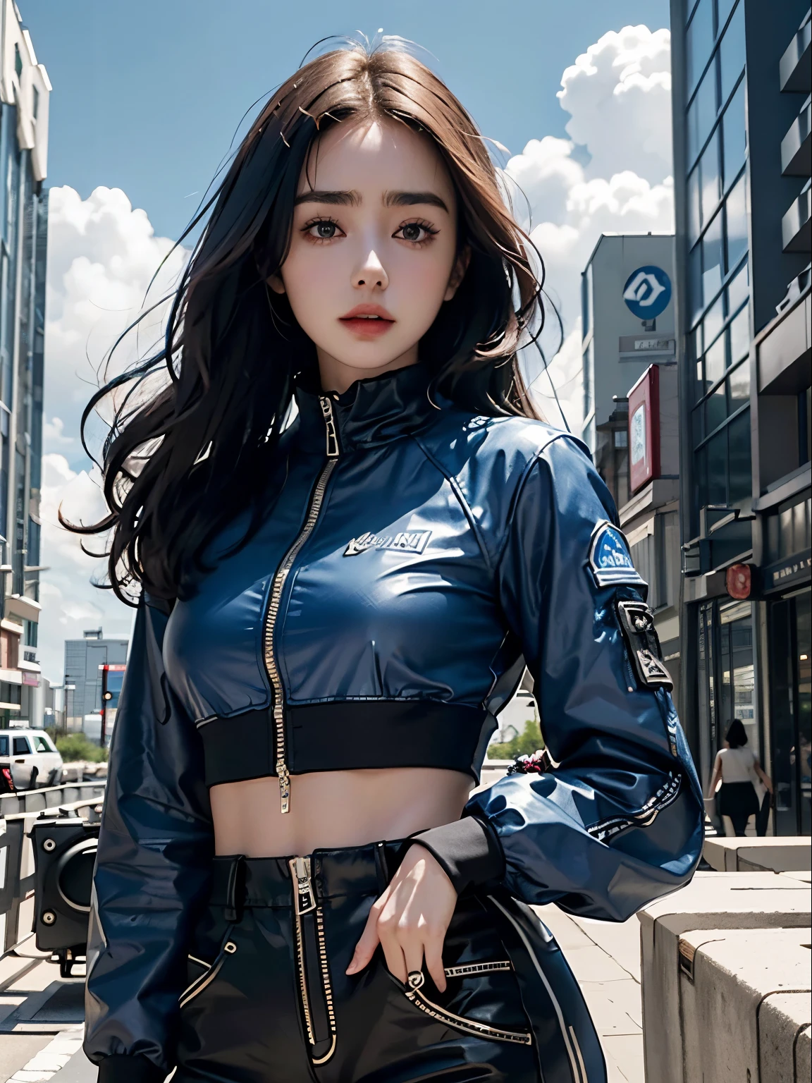 Lily Collins,Tall figure,skin,Upper body shorts,Medium shorts,buttons,zipper,Complex workmanship,icon,company logo,Emit blue light,background with,future technology,cyberpunk city,,big gear,wind,Blue sky and white clouds,