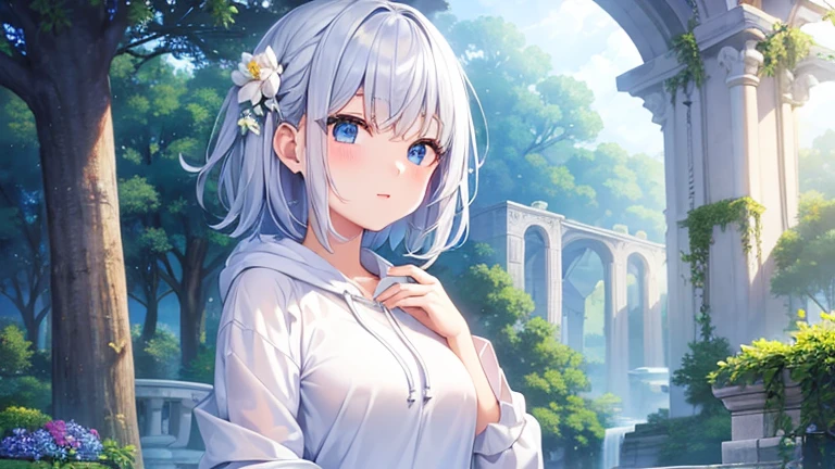 super high quality, with a girl, 20-year-old, very short hair, long bangs between the eyes, pale blue eyes , blue sky, sunlight, very detailed,(masterpiece、highest quality)、alone、gray hair、laughter、White skin as clear as snow、fantasy, silver hair, black eye, beautiful eyes,, ecstasy, charm, be smitten with audience, fantasyな風景、white hoodie、Hoodie with open front、black shirt、fountain in the forest、flower garden、Please look up at the sky