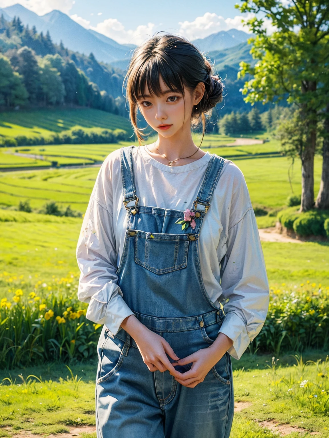 Imaginative thoughts on your dream girlfriend、Warm depiction,Envisioned as a dream lover and lifelong partner。She embodies the simplicity of Chinese rural girls、Industrious,Integrated with wisdom、Beautiful and hard-working character。This artistic depiction shows her in a rural setting,Exuding sweetness、Romantic atmosphere。((She wears simple denim overalls and a white shirt)),Reflecting her humble origins and down-to-earth character。Her facial features are gentle and beautiful,The expression is kind、Tempting。The background is a picturesque rural landscape,Rolling hills、Fields and traditional country houses,Adds a sweet rustic romantic charm。The overall style blends realism and idealized rural beauty,embodies the dreamlike、The Essence of a Cute Country Girl, (floral watercolor painting:1.5),(Super high saturation, bright and vivid colors:1.5), (nsfw), (Look at the audience head-on:1.5)