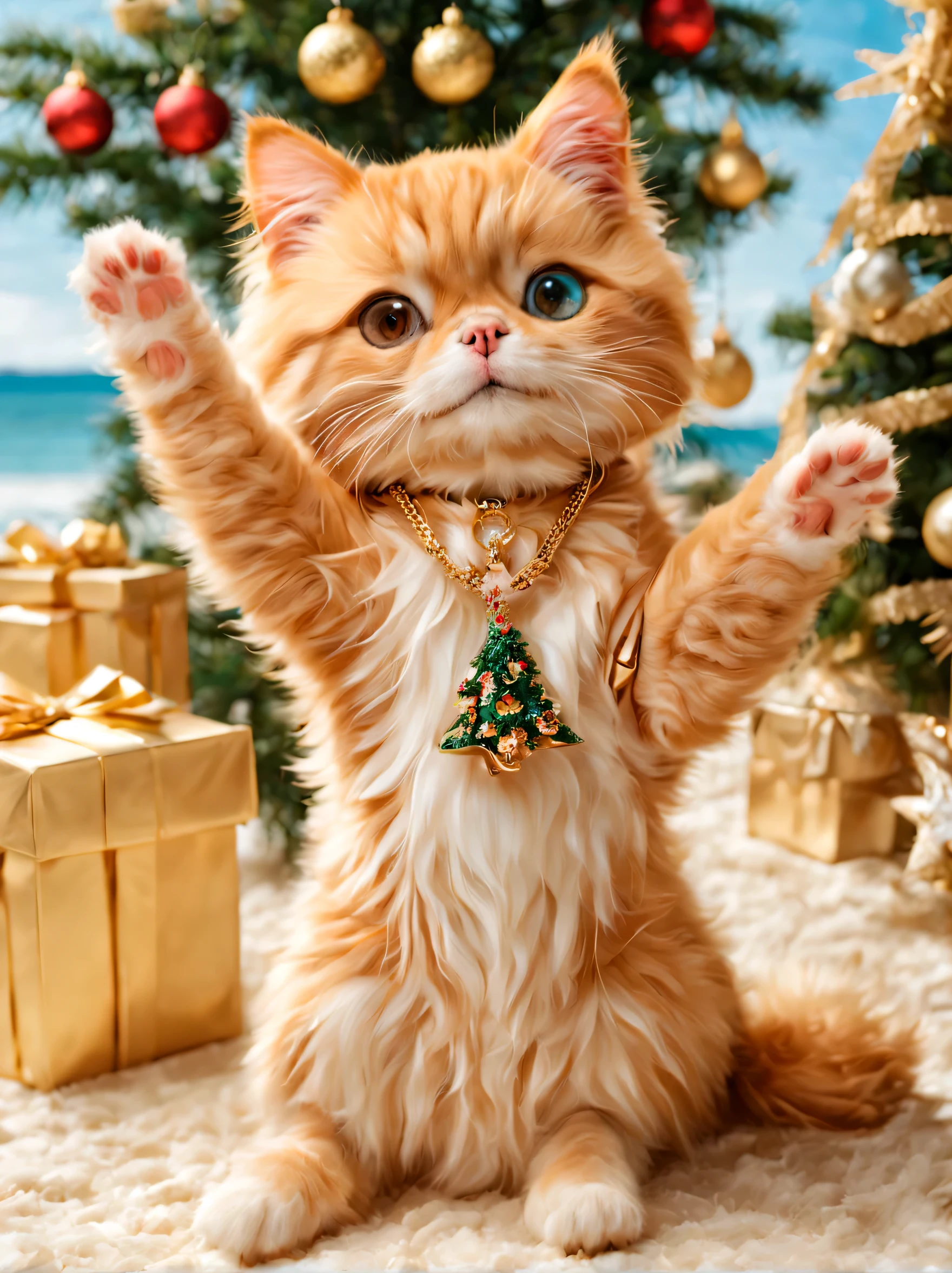 cute minuet, raise one hand, feet, Midsummer Christmas, Get a tan on the Gold Coast, Christmas tree, sunglasses, saltwater pants, gold flat necklace, (masterpiece), (highest quality), (Ultra high detail)