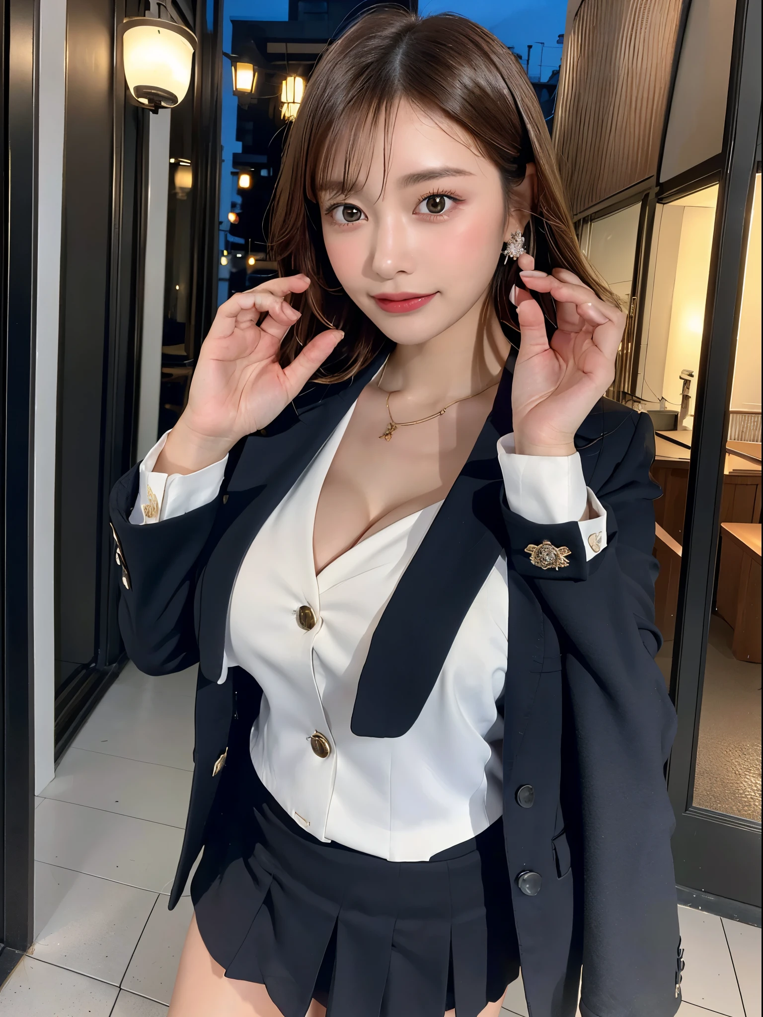 (((masterpiece))), Ultra-high resolution, (8K), (((Looks super realistic))), Highest quality, Ultra fine, ((Anatomically correct)), Cinematic lighting, (Super beautiful sexy 29 year old woman), ((Only one person)), Oval Face, Beautiful Face, smirk, Natural Makeup, Detailed big eyes, double eyelid, Detailed eyebrows, Thick lips, ((Short hair:1.3)), ((Blonde hair color:1.3)), Detailed skin texture, Glowing Skin, Alluring large breasts:1.3, Perfect and beautiful body, Seductive big ass, Detailed and perfectly fitted outfit, (((Collar with chain, Sexy black striped business suit))),