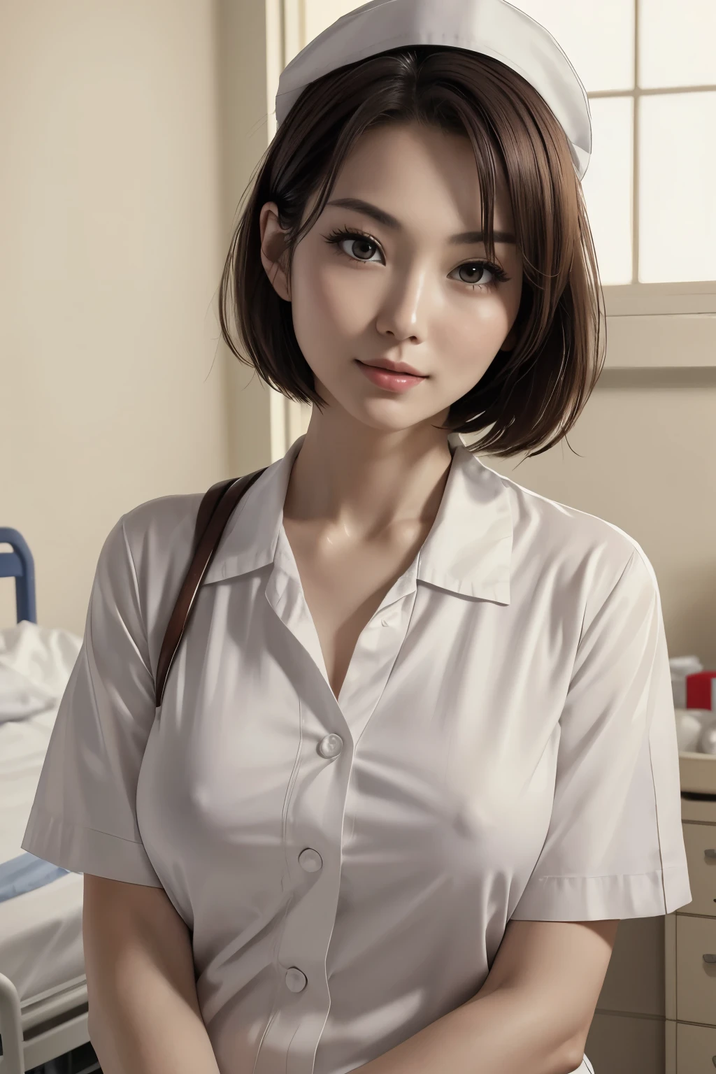 (Best quality, 8k, 32k, Masterpiece, UHD:1.2),Photo of Pretty Japanese woman, 1girl, (medium-short dark brown hair), (large breasts), double eyelid, White nurse uniform, small white nurse (cap), white shirt, open shirt, hospital, patient's room, upper body, sexy