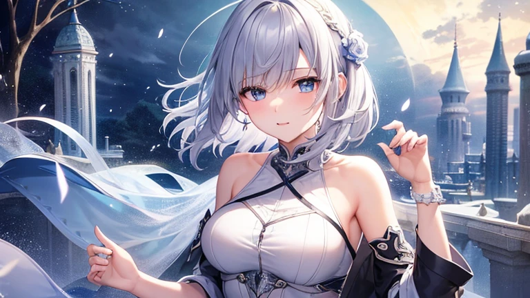 super high quality, with a girl, 20-year-old, very short hair, long bangs between the eyes, pale blue eyes , blue sky, sunlight, very detailed,(masterpiece、highest quality)、alone、gray hair、laughter、White skin as clear as snow、fantasy, silver hair, black eye, beautiful eyes,, ecstasy, charm, be smitten with audience, fantasyな風景