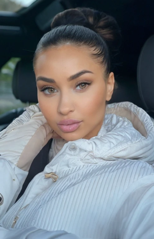 Woman of Eastern European origin, close-up on&#39 ;a woman in a car wearing a white jacket, Bella Poarch, Portrait of Sophie Mudd, breathtaking beauty, with ultra realistic eyes, flawless, almond eyes, Violette Myers, Full lips, breathtaking beauty, Dasha Taran, Angelina Stroganova, flawless face, , clear and high quality lips, Anastasia Ovchinnikova, profile image Ameera al Taweel tanned,portrait of kylie jenner style demi rose looks like Violette Myers , style Mia khalifa looks like Ania kinski , clear portrait of demi rose, Morph face, portrait of Kim Kardashian, beautiful face ultra realistic skin texture hyperrealistic,ultra realistic skin texture closed mouth flawless skin, with symmetrical facial features, accurate and ultra realistic faces, straight eyebrows