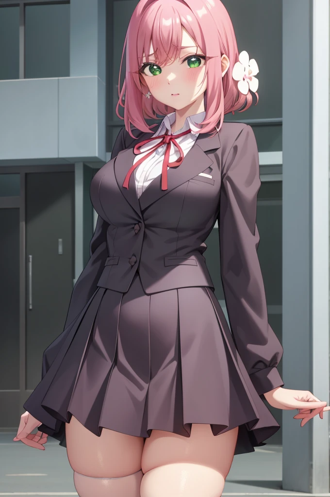 Hakari_vortex, pink hair, medium hair, hair ornaments,  hair flower, green eyes, school uniform, black skirt, mini skirt, pleated skirt, black jacket, white shirt,collared shirt, long sleeve, neck ribbon,ribbon, thighs, big breasts, Are standing,  cowboy shot, looking at the viewer, outdoor, blush, 1 girl, (masterpiece:1.3), (High resolution), (8K), (very detailed), (4K), (pixiv), perfect face, Nice eyes and face, (highest quality), (Super detailed), detailed face and eyes, (alone), rough skin, disorganized, High resolution