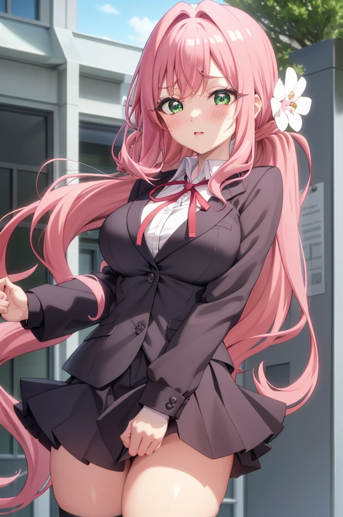 Hakari_vortex, pink hair, medium hair, hair ornaments,  hair flower, green eyes, school uniform, black skirt, mini skirt, pleated skirt, black jacket, white shirt,collared shirt, long sleeve, neck ribbon,ribbon, thighs, big breasts, Are standing,  cowboy shot, looking at the viewer, outdoor, blush, 1 girl, (masterpiece:1.3), (High resolution), (8K), (very detailed), (4K), (pixiv), perfect face, Nice eyes and face, (highest quality), (Super detailed), detailed face and eyes, (alone), rough skin, disorganized, High resolution