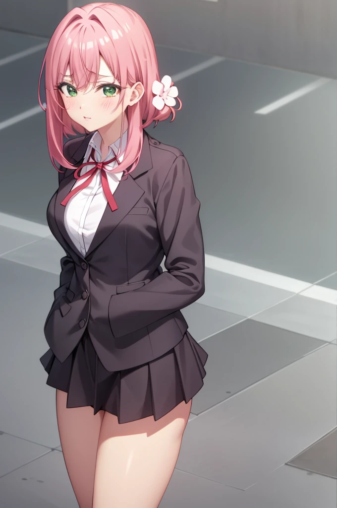 Hakari_vortex, pink hair, medium hair, hair ornaments,  hair flower, green eyes, school uniform, black skirt, mini skirt, pleated skirt, black jacket, white shirt,collared shirt, long sleeve, neck ribbon,ribbon, thighs, big breasts, Are standing,  cowboy shot, looking at the viewer, outdoor, blush, 1 girl, (masterpiece:1.3), (High resolution), (8K), (very detailed), (4K), (pixiv), perfect face, Nice eyes and face, (highest quality), (Super detailed), detailed face and eyes, (alone), rough skin, disorganized, High resolution