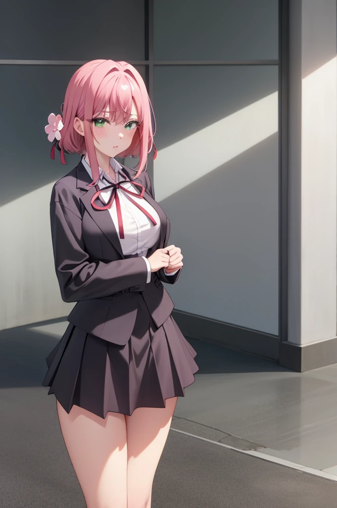 Hakari_vortex, pink hair, medium hair, hair ornaments,  hair flower, green eyes, school uniform, black skirt, mini skirt, pleated skirt, black jacket, white shirt,collared shirt, long sleeve, neck ribbon,ribbon, thighs, big breasts, Are standing,  cowboy shot, looking at the viewer, outdoor, blush, 1 girl, (masterpiece:1.3), (High resolution), (8K), (very detailed), (4K), (pixiv), perfect face, Nice eyes and face, (highest quality), (Super detailed), detailed face and eyes, (alone), rough skin, disorganized, High resolution