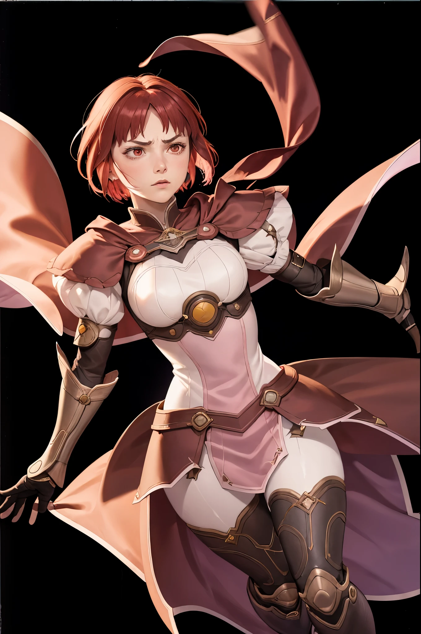 masterpiece, best quality, feMonica, feMonica, short hair, red cape, pink dress, white leggings, black gloves, brown boots, FEH, whole body, black background, simple background, purple magic, magic, furrowed brow 