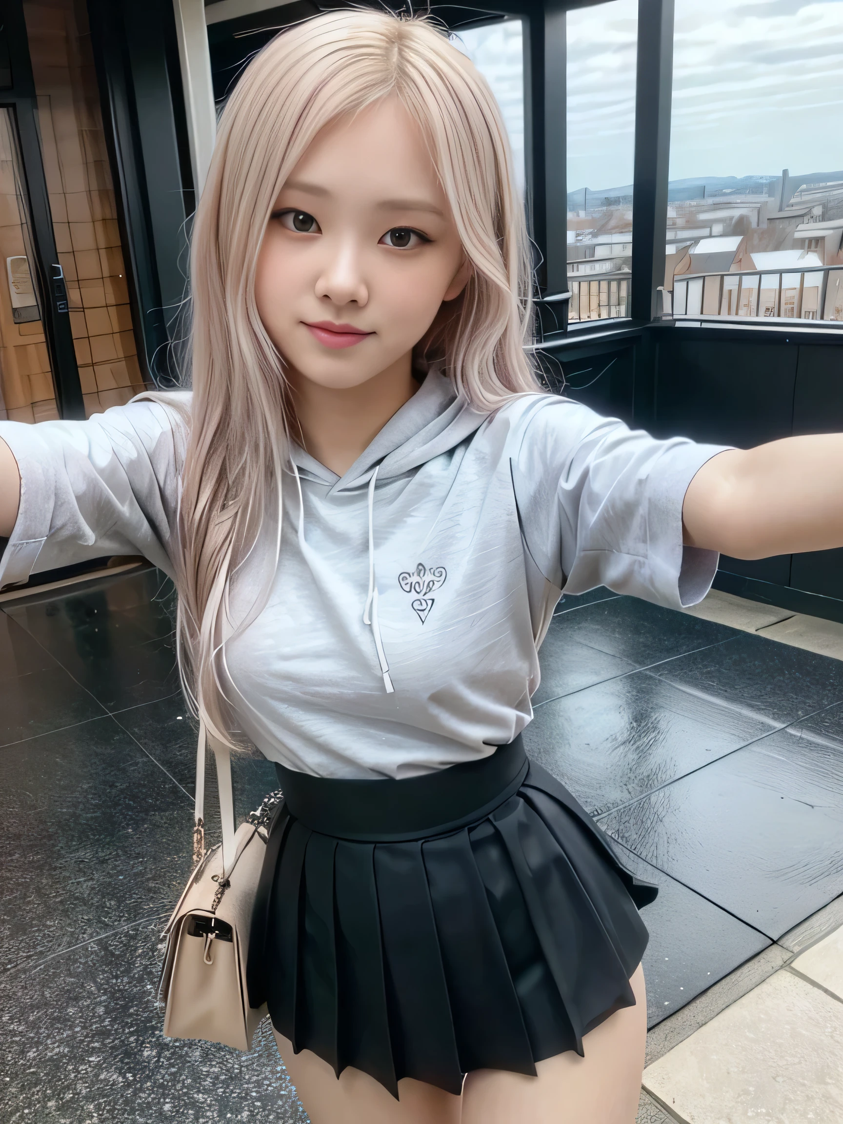 masterpiece: 1.4, (8K, Reality, RAW photograph, best quality: 1.4), bright lighting, beautiful detailed eyes, real skin:1.3, Beautiful skins, Attractive, high resolution, Ultra photo realism, Detailed: 1.4, ((white hoodie:1.6, pleated miniskirt:1.6, black skirt)), slim body:1.3, small breast, slim legs:1.5, dynamic pose, (outdoor snowing), (show head:2.0), high angle, (selfie shot:1.5), (wide angle), smiling