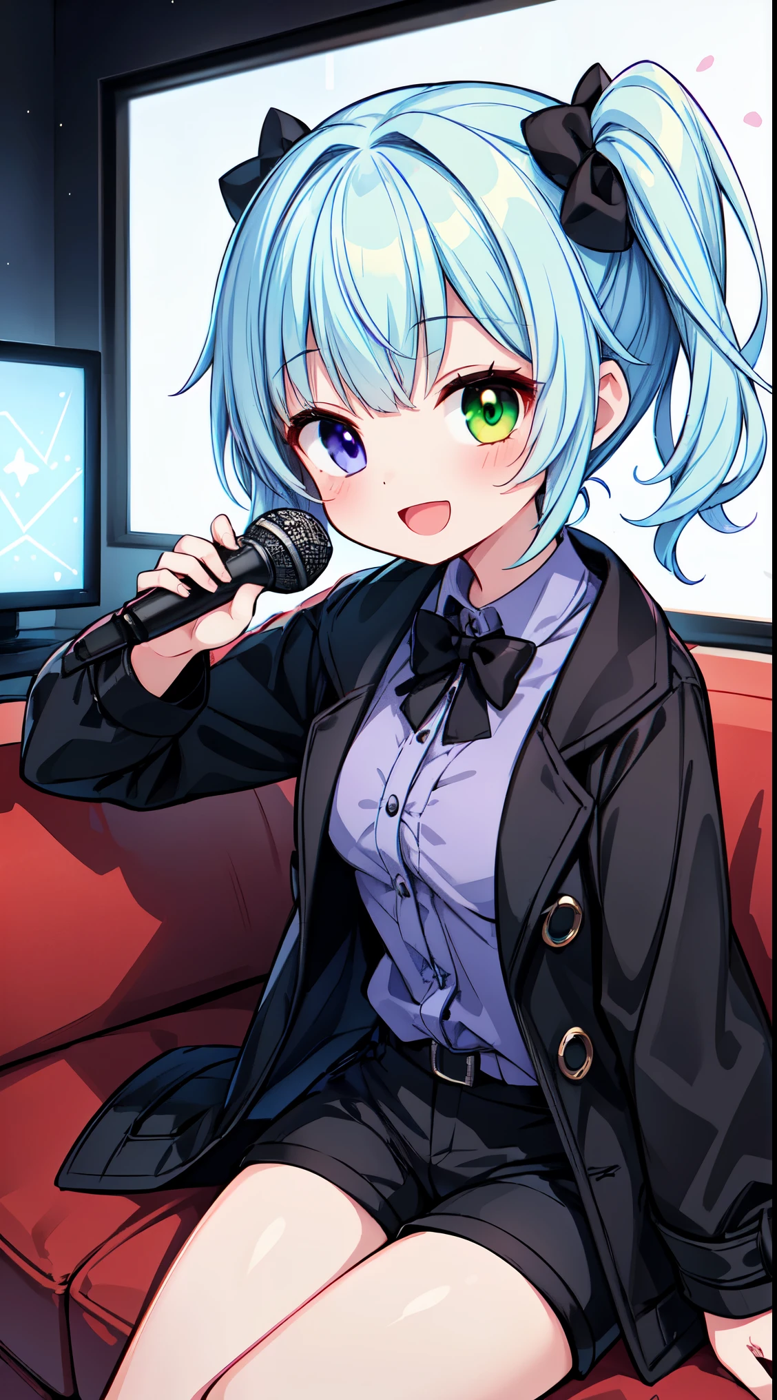 (masterpiece, top quality, best quality, official art, beautiful and aesthetic:1.2),ultra-detailed,intricate details,amazing illustration,award-winning art,atmospheric, 
BREAK,   1 beautiful girl, (17 years old girl),Solo,(Cute:1.5),(Chibi:0.6),(kawaii:1.5),(Lori:0.5),BREAK,(17 years old girl), 1 beautiful girl,Very detailed,colourfull,highest details,Clear skin,Beautiful skin,Shy,Very detailed,colourfull,highest details,BREAK,Clear skin,Beautiful skin,Shy skin,BREAK,(Heterochromia,blue eyes,Green eyes, Eye Highlights,The first hyperfine stars:1.45),star eye silhouette ,BREAK,(pale blue hair, Medium length:1.4),(side ponytail,A little curly hair,Princess Cut, crossed bangs:1.3),(large breasts,Beautiful breasts(best quality face),(Top quality glowing eyes),(The best smile,:D:1.45),  BREAK,

BREAK (((black coat:1.4, young purple shirt:1.5, black shorts))), shiny hair,
BREAK
(singing, holding microphone:1.5), karaoke:1.3, ((monitor:1.3)), ((sitting sofa:1.3)), blush, clean line art, shiny hair, portrait, panorama shot, cinematic angle, BREAK,wakame,wakame,wakame,(Cowboy Shot:1.4),

BREAK,(Blurry background:1.3),(absurderes, hight resolution, Super Detail Art),cel shading,Clear Color, Lonely optical effect, Beautiful pictures, Bright glow, mystic atmosphere,(Close-up of girl:1.1), Mystical light particle effect,manga influence, clean line drawings,