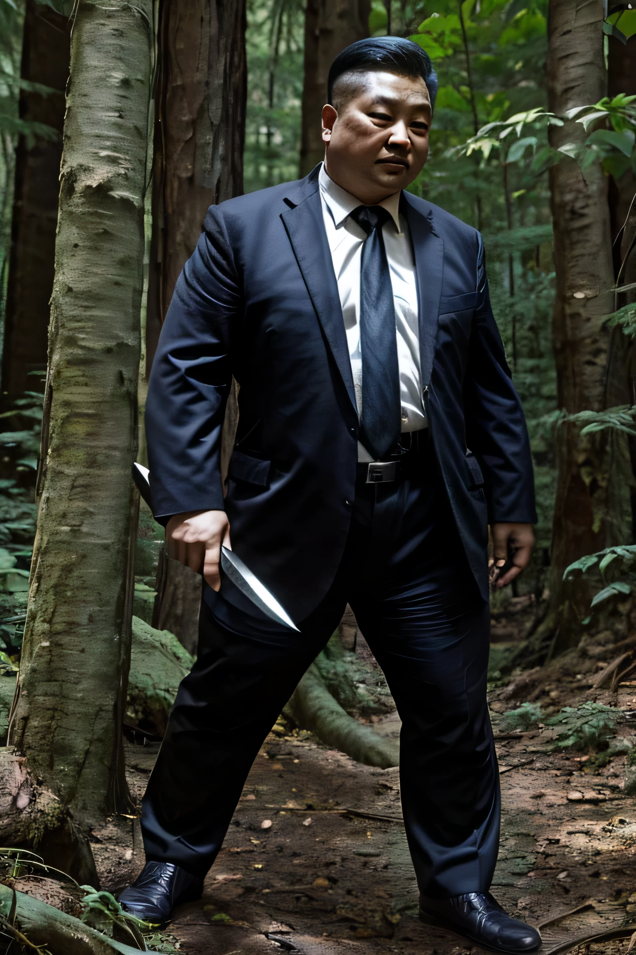Two people wearing black ties, Fat Chinese mature middle-aged man fights with security guard with knife in forest，Faust