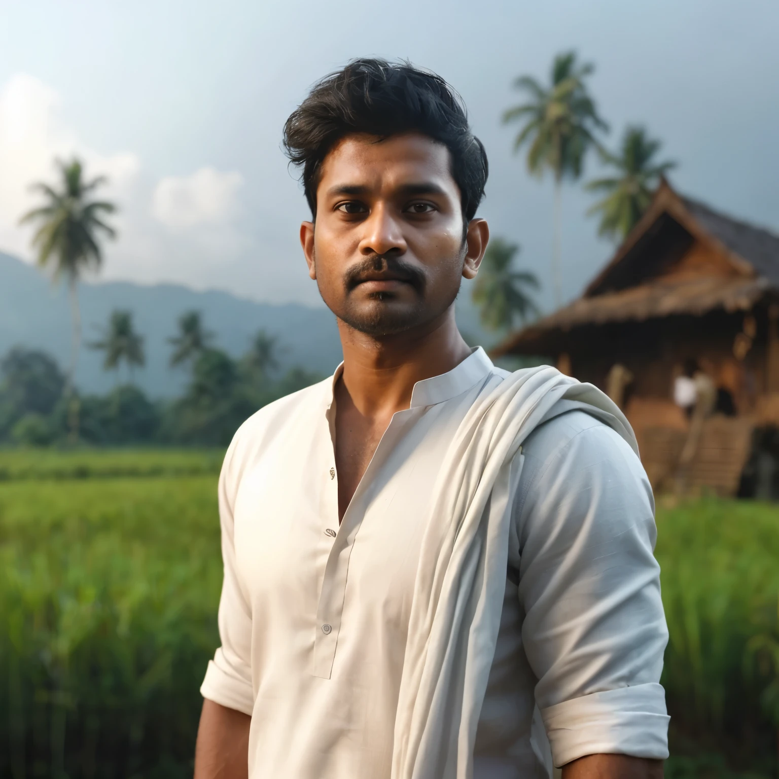 ""A long shot, wide angle, fighting with a man in a dense forest, twilight, A Kerala village man 35 years old, a man wearing a white shirt and white lunki, a character portrait by Thota Vaikuntham, featured on cg society, samikshavad, masculine, movie still, handsome , name"Euan Dàibhidh" seed number **5679**.""