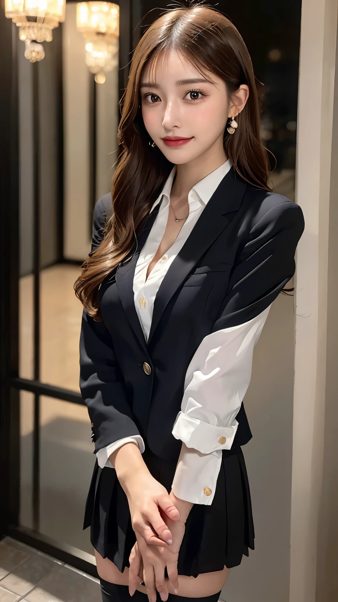 best quality, masterpiece, 1 girl, pretty face, (photo actual:1.3), edge lighting, (High detail skin:1.2), 8k ultra high definition, SLR camera, high quality, high resolution, 4K, 8k, Bokeh, ridiculous, The optimal ratio of four fingers to one thumb, (actual:1.3), cute 1 girl, Wearing a black formal blazer, medium breasts, short skirt,