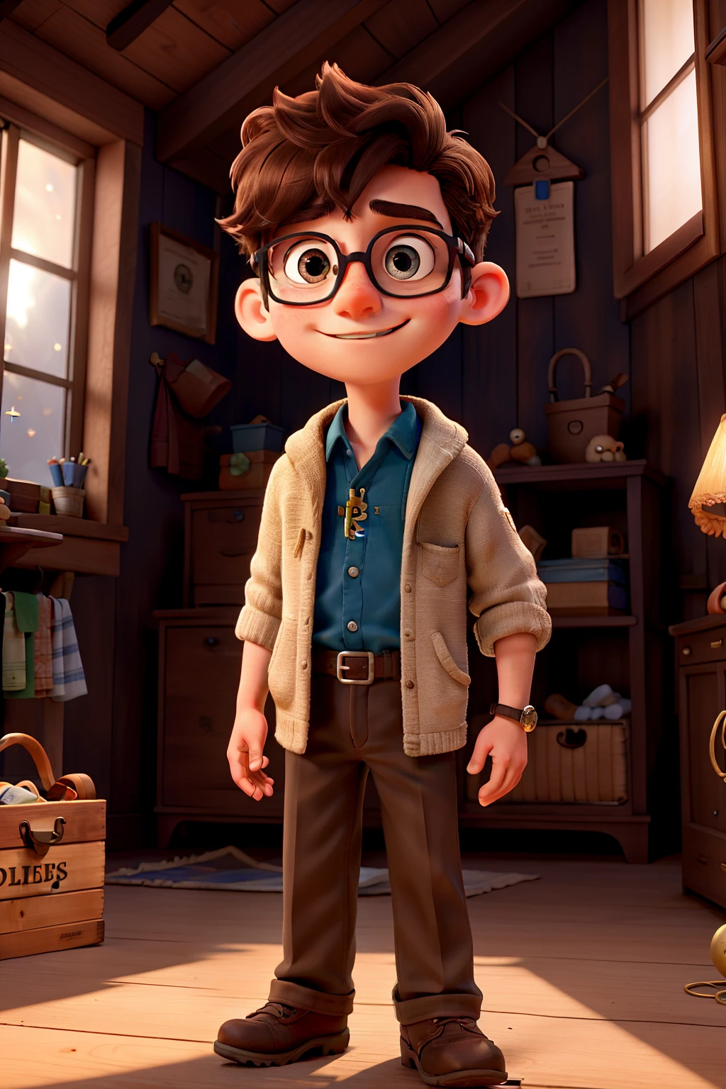 Alex, a curious young boy with messy brown hair and round glasses, embarks on an adventure as he explores the dimly lit attic. Amidst the dusty boxes and forgotten treasures, his eyes are drawn to a gleaming object - a mysterious key. Its intricate design, reminiscent of ancient times, sparkles under the faint rays of sunlight that peek through the cracks in the wooden ceiling. With trembling hands, Alex grasps the key, its weight promising hidden secrets and untold tales. Little does he know, this key will unlock not only physical doors but also the doors to his own imagination and curiosity.