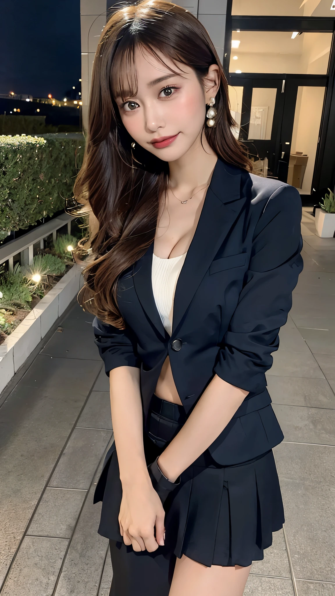 best quality, masterpiece, 1 girl, pretty face, (photo actual:1.3), edge lighting, (High detail skin:1.2), 8k ultra high definition, SLR camera, high quality, high resolution, 4K, 8k, Bokeh, ridiculous, The optimal ratio of four fingers to one thumb, (actual:1.3), cute 1 girl, Wearing a black formal blazer, medium breasts, short skirt,