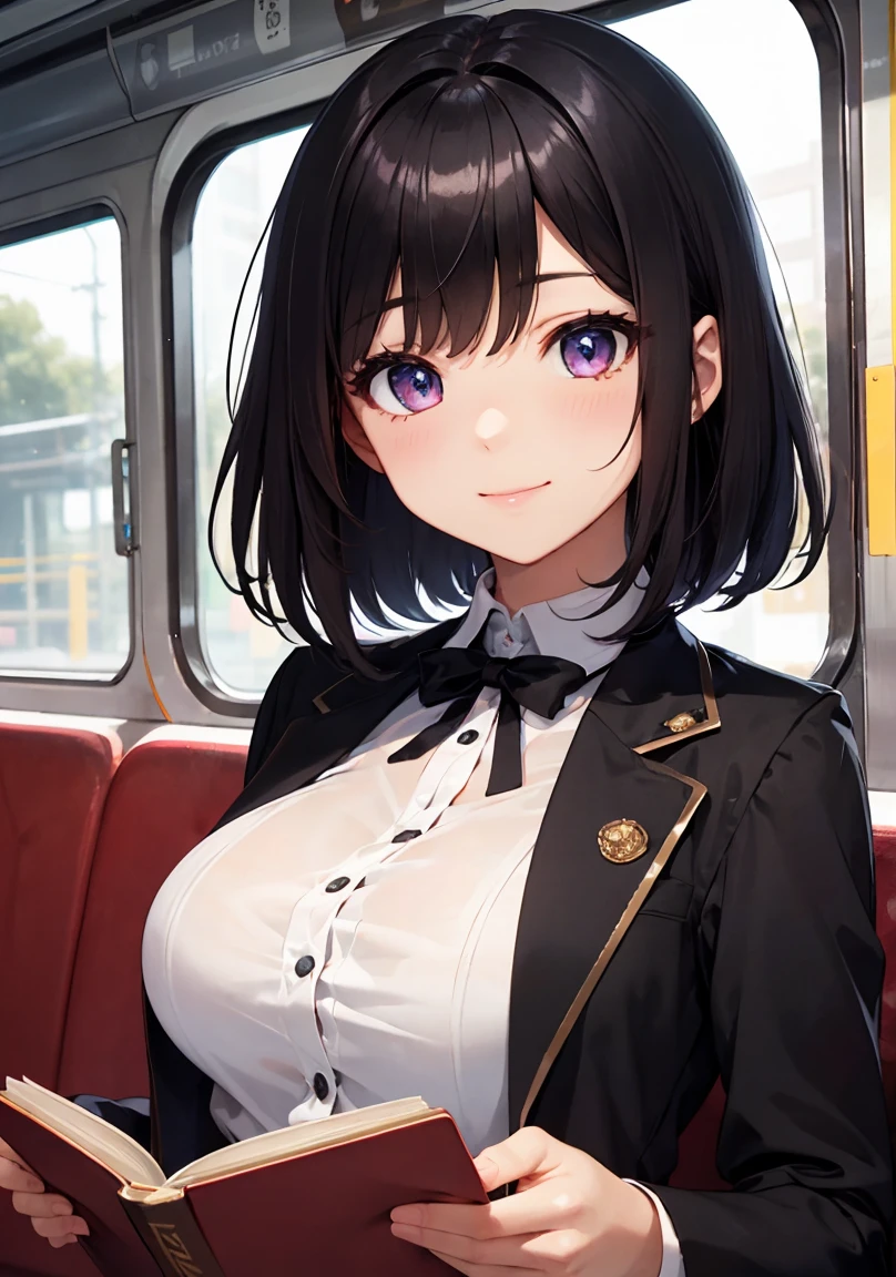 masutepiece, Best Quality, High resolution, Very detailed, Detailed background, 1 girl, gaze at the audience, sitting on the subway, In the train car, poseing, Putting on cat ears, Short hair, White off-the-shoulder dress, Skirt, Transparent, Happy, NSFW