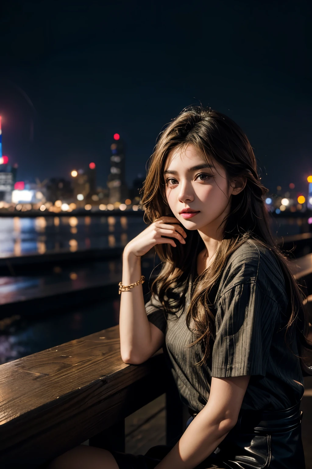 1girl, rest area, night, city lights, 8k, RAW photo, best quality, masterpiece, realistic, photo-realistic,
