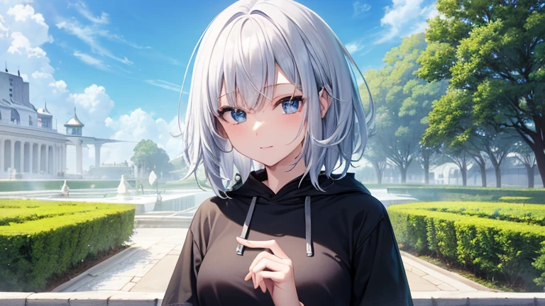super high quality, with a girl, 20-year-old, very short hair, long bangs between the eyes, pale blue eyes , blue sky, sunlight, very detailed,(masterpiece、highest quality)、alone、gray hair、laughter、White skin as clear as snow、fantasy, silver hair, black eye, beautiful eyes,, ecstasy, charm, be smitten with audience, fantasyな風景、black shirt、white hoodie