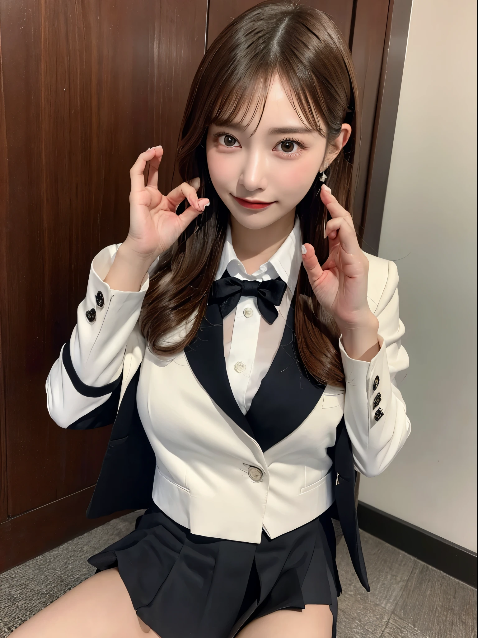 (Night:1.7), Japan, Tokyo, CityView, Before Window,
Standing at attention,
Black_jacket,white shirt, Black_Skirt,sailor outfit,red bowtie,puffy sleeves,long sleeves, 
jewelry,
purple eyes, purple hair,Bangs, ponytail,long hair, 
1 girl, 24yo,mature female,Beautiful Finger,Beautiful long legs,Beautiful body,Beautiful Nose,Beautiful character design, perfect eyes, perfect face,
looking at viewer,girl in the center of the image,
NSFW,official art,extremely detailed CG unity 8k wallpaper, perfect lighting,Colorful, Bright_Front_face_Lighting,
(masterpiece:1.0),(best_quality:1.0), ultra high res,4K,ultra-detailed,
photography, 8K, HDR, highres, absurdres:1.2, Kodak portra 400, film grain, blurry background, bokeh:1.2, lens flare, (vibrant_color:1.2)
(Beautiful,Large_Breasts:1.2), (beautiful_face:1.5),(narrow_waist),
