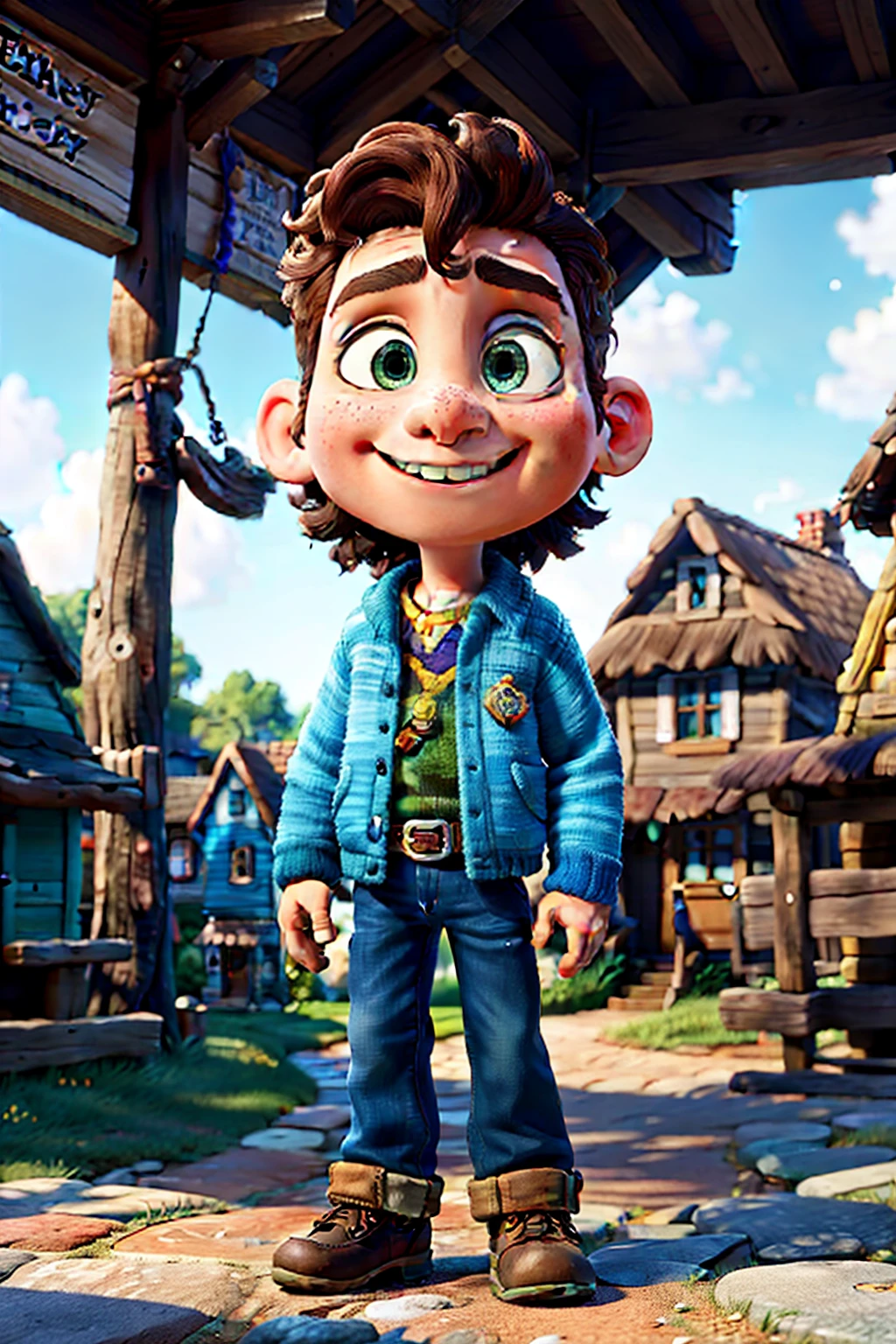 Picture a quaint village with cobblestone paths winding between vibrant cottages, each one exhibiting Disney Pixar-inspired charm in hyper-realistic, 8k, ultra HD quality. In the heart of the village, a curious 14-year-old boy named Tommy, with sun-kissed, wavy hair and wide, round, bright eyes full of wonder and excitement, stands ready for his next adventure. This captivating scene, masterpiece in the best quality, is brought to life through the artful blending of Pixar style and the intricate details of Cinema 4D. --ar 3:2.