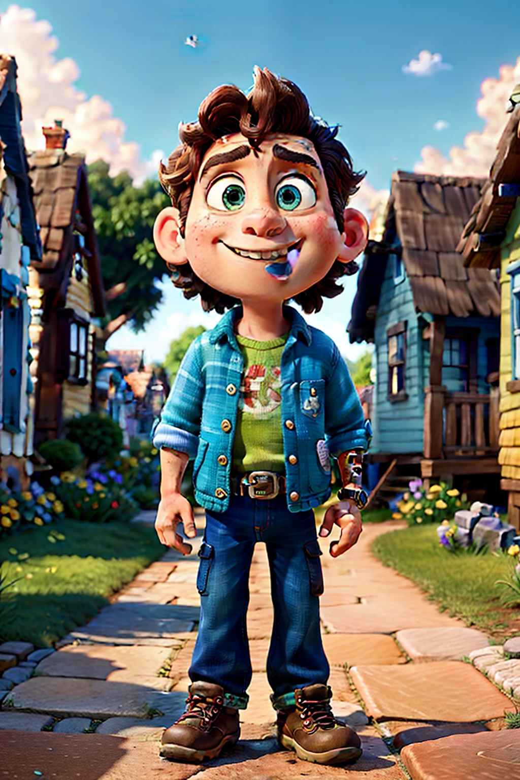 Picture a quaint village with cobblestone paths winding between vibrant cottages, each one exhibiting Disney Pixar-inspired charm in hyper-realistic, 8k, ultra HD quality. In the heart of the village, a curious  boy named Tommy, with sun-kissed, wavy hair and wide, round, bright eyes full of wonder and excitement, stands ready for his next adventure. This captivating scene, masterpiece in the best quality, is brought to life through the artful blending of Pixar style and the intricate details of Cinema 4D. --ar 3:2.