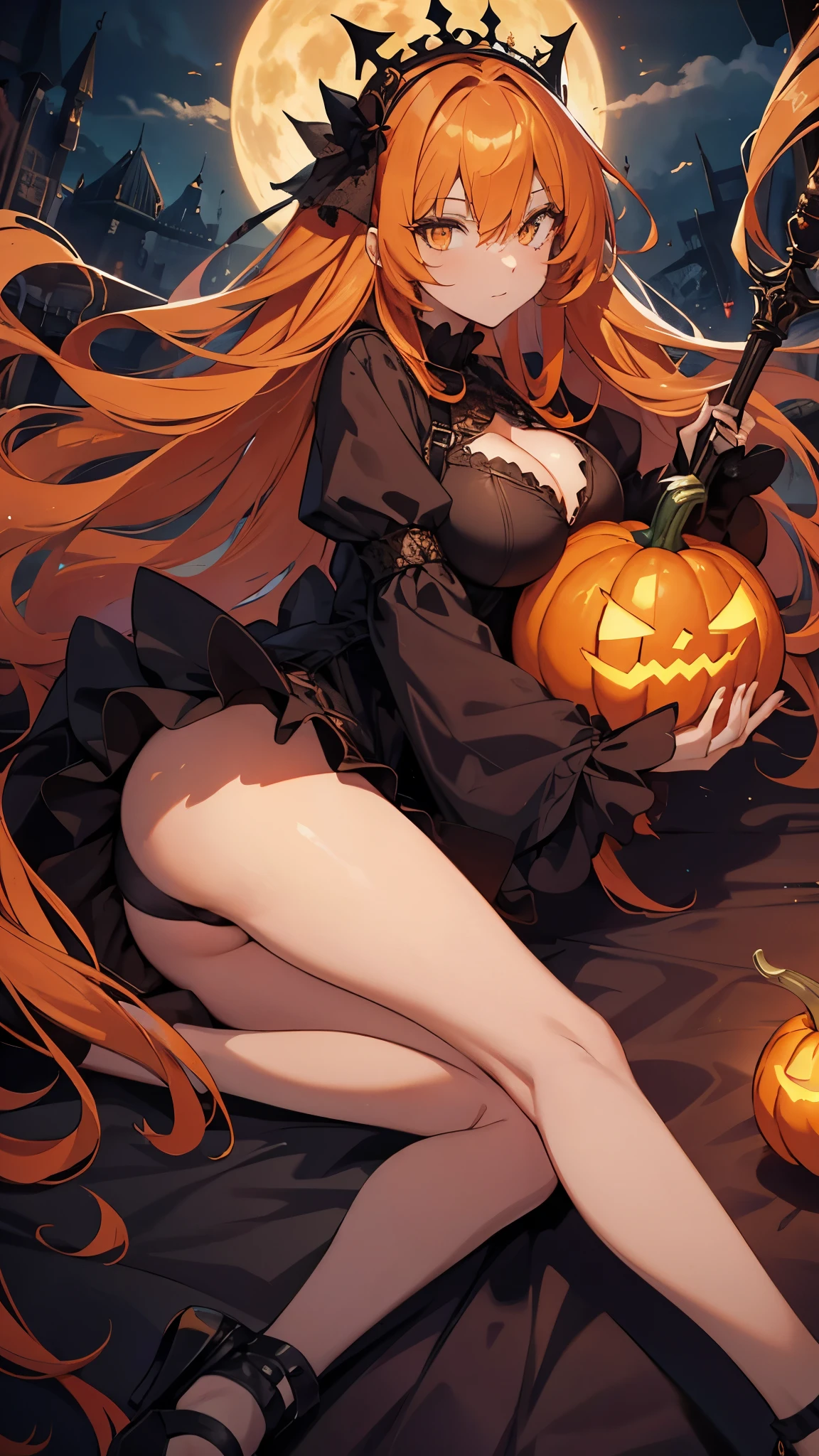 Pumpkween, the Queen of Pumpkins!  With Long Orange Hair, Bright Yellow Eyes, With Huge Breasts and a Huge Ass, Uses a Royal Pumpkin Staff, Loves to wear her Short Black Spider Dress, is extremely shy and is in a haunted mansion --- lying on a bed ! (Masterpiece, Epic, Wonderful, RPG Character, Professional Art, 16k, High Quality, attractive beautiful.)