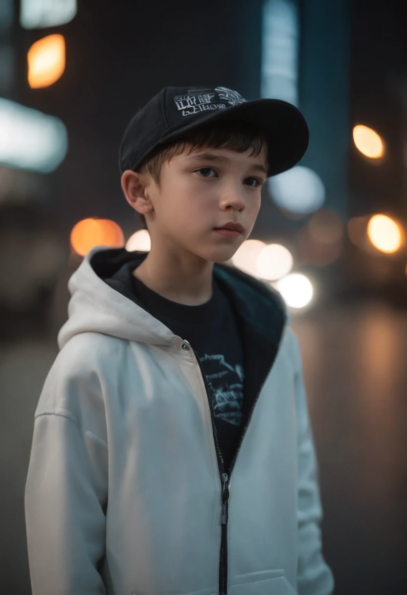 best quality, masterpiece, 1 boy, 9 yo, solo, short hair cut, cyberpunk, baseball cap, hoodies his head, white sneakers, street racing, soft lighting, full body, dark theme, neon