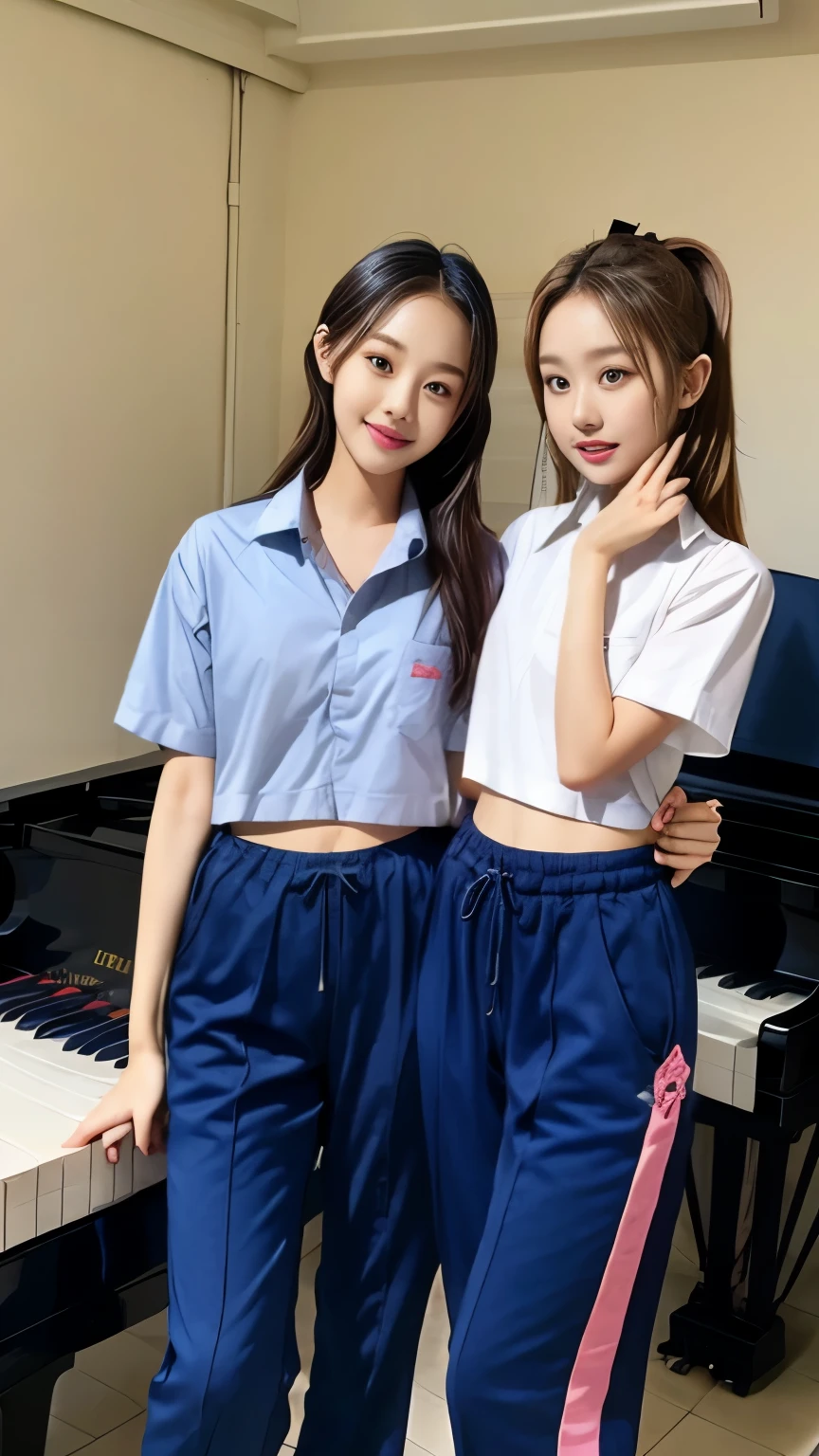 2 girls in the piano room, Navy blue short-sleeved shirt,Navy Long Trackpant,Sweatpants, Sweatpantsขายาว, lying on the bed., หญิงรักhave sex, coax, Sexual arousal, Realistic poses, exercise clothes, exercise clothes, have sex