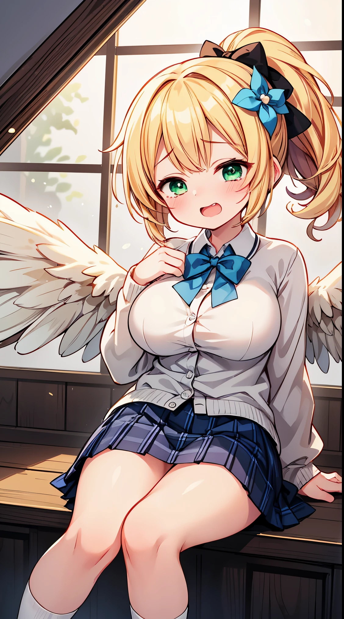 (masutepiece) ((Kaleidoscope)) ((Harmonious)) (ultra-quality) (very exquisite) (Professional Balance) (absurderes) (Wide Shot) (1 girl) ((Upper body)) ((fullllbody)) ((G Cup Breasts)) (Fine-grained body lines) ((realisitic:0.8)) (zettai ryouiki) (Hi-Res Textures) (Clearly draw the shape of the nose) ((Exposure 1:0.25)) (((Shiny skin))) (X Hair Ornament) (Ornament Heart(手链、gargantilha、ear ornament) (((((Yellow hair、ornate、Small Banghead 1:1:1))))) (Wave hair) ((((faithfully、Depiction of correct finger alignment)))) ((((faithfully、Depiction of the correct hand)))) (It clearly depicts the reflection of small white light in the pupil, which adds depth to the pupil) (((top-quality、Elegant yellow detail eyes))) (((Ultra Definition Masterpiece Highest Quality:1.2 4DCG high quality))) (Highly detailed face and eyes) (24-year-old schoolgirl) (Model body type) (Slender and long legs) (A slender) (mascara) (eyeshadows) (eye liner) (Glossy lipstick) (lip stick) (((((Rainbow × Angel Ribbon× Ruffles× Ruffles))))) (((((Boob Pudding G Cup))))) (Photorealsitic) (8K Character Concept) (((32K HD image quality...)) (conputer graphics) (angelicales、pastels、Feather 1:1.5) (((((School Uniform Mini Skirt 1:1))))) (Freedom of movement、evolve) (((Add charms to the background))) ((((Angel's Big Wings 1:1))) ((((Background school hallway))))) (((crosswind))) (((Panchira))) (((Skirt that holds down by hand))) (Skirt Pulling Up) (Flip-up) (School Uniform Pink × Pink Sapphire 1:1) (((Marilyn Monroe))) ((hi-school girl))