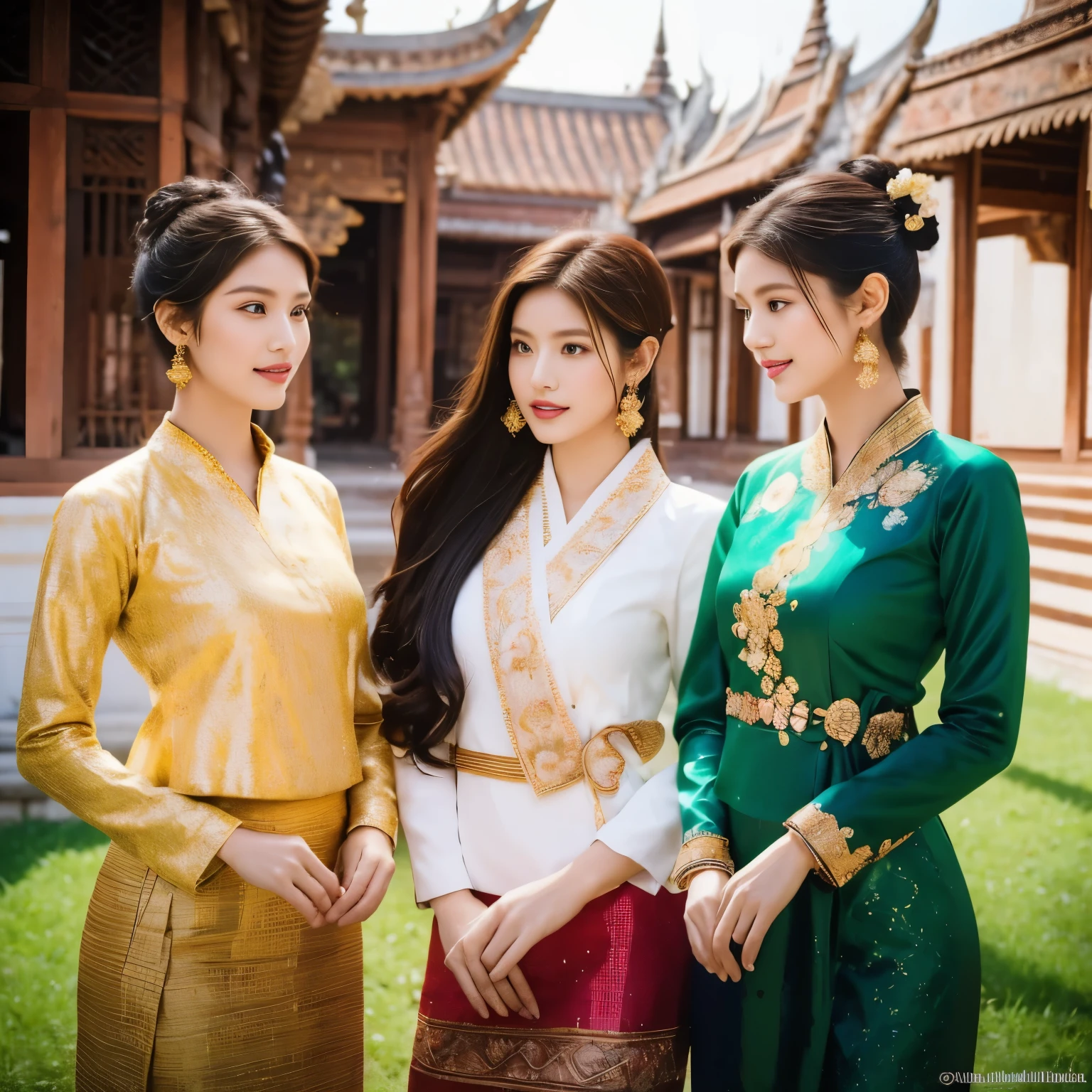 Three young girls, in their late teens or early twenties, look at the camerastand gracefully amidst the ancient grandeur of Bagan's temples. Their skin is smooth and radiant, their features delicate and refined. They are dressed in the elaborate finery of traditional Keng Tong Tai Khun attire, each garment a tapestry of vibrant colors and intricate patterns.

The girls' outfits:

Main fabric: Rich silk in deep shades of red, gold, and emerald green, woven with shimmering threads that catch the sunlight.
Skirts: Long and flowing, adorned with delicate embroidery depicting mythical creatures and floral motifs.
Blouses: Tightly fitted, with high collars and long sleeves that taper at the wrists. The blouses are embellished with gold trim and sparkling sequins.
Accessories: A profusion of gold jewelry adorns the girls, from chunky bangles and necklaces to elaborate earrings that dangle like miniature chandeliers. Their hair is styled in messy buns adorned with fresh flowers and secured with ornate gold pins.
The scenery:

The girls stand in a clearing framed by the majestic ruins of Bagan's temples. The ancient structures, bathed in the warm glow of the setting sun, rise skyward like silent sentinels. Lush greenery peeks through the crumbling stonework, and the air is alive with the chirping of exotic birds.

Additional details:

Focus on capturing the girls' beauty and the intricate details of their traditional attire.
Use high-quality references for the Keng Tong Tai Khun clothing and Bagan temples to ensure accuracy.
Render the scene in a photorealistic style with soft lighting and a shallow depth of field to draw attention to the girls and their surroundings.