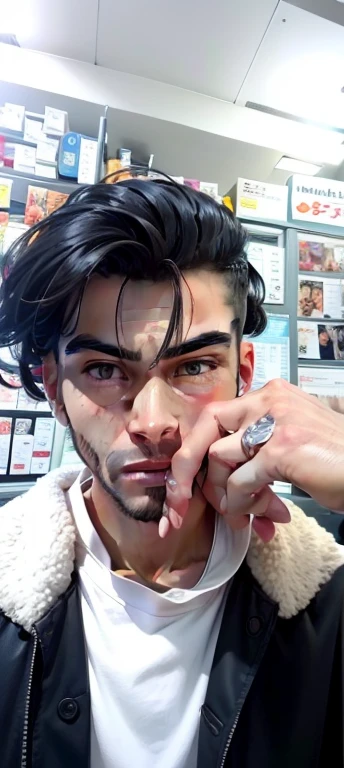 homem arafed de aproximadamente realistic face.21 anos de idade com cabelo espetado e(((dorso vestindo uma camiseta branca por baixo de uma jaqueta de couro leve e simples))), (((imagem frontal))), masculine jaw, short hair on top of his head, angular jawline, corte de cabelo moderno, sharp jaw, chiseled jaw, short hair on the sides of the head, curto nas laterais, slicked back hair, Prominent jaw, masculine jaw!, estilo hiper realista, laterais raspadas, corte de cabelo undercut, Front view, Personagem ansioso, rosto perfeito, Qualidade ultra realista, 8k, High definition, olhos perfeitos, boca perfeita, nariz perfeito, Rosto ultrarrealista, master part, image perfection, olhando para frente, imagem frontal